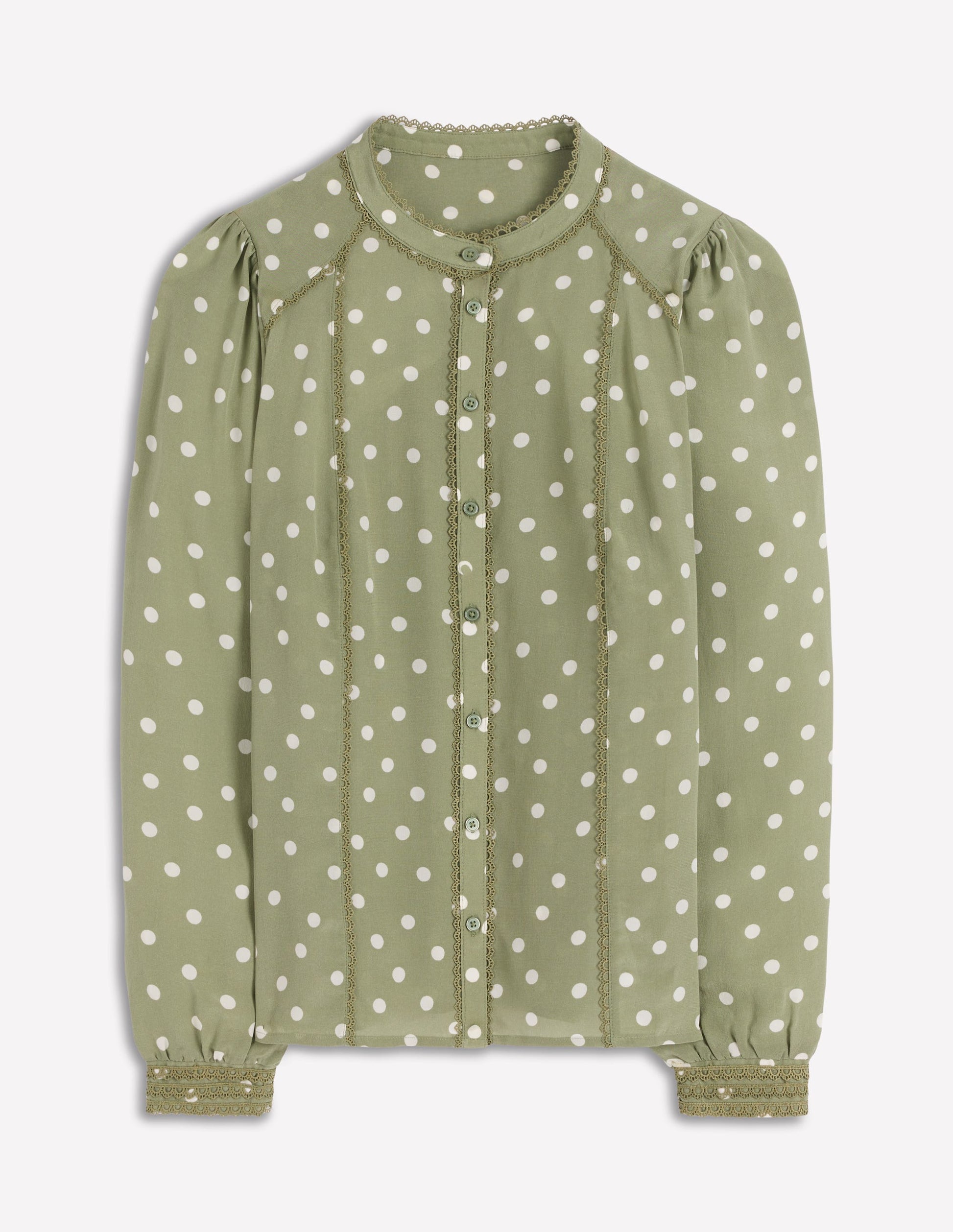 Rhea Trim Detail Silk Top-Larch Green, Painted Dot-5