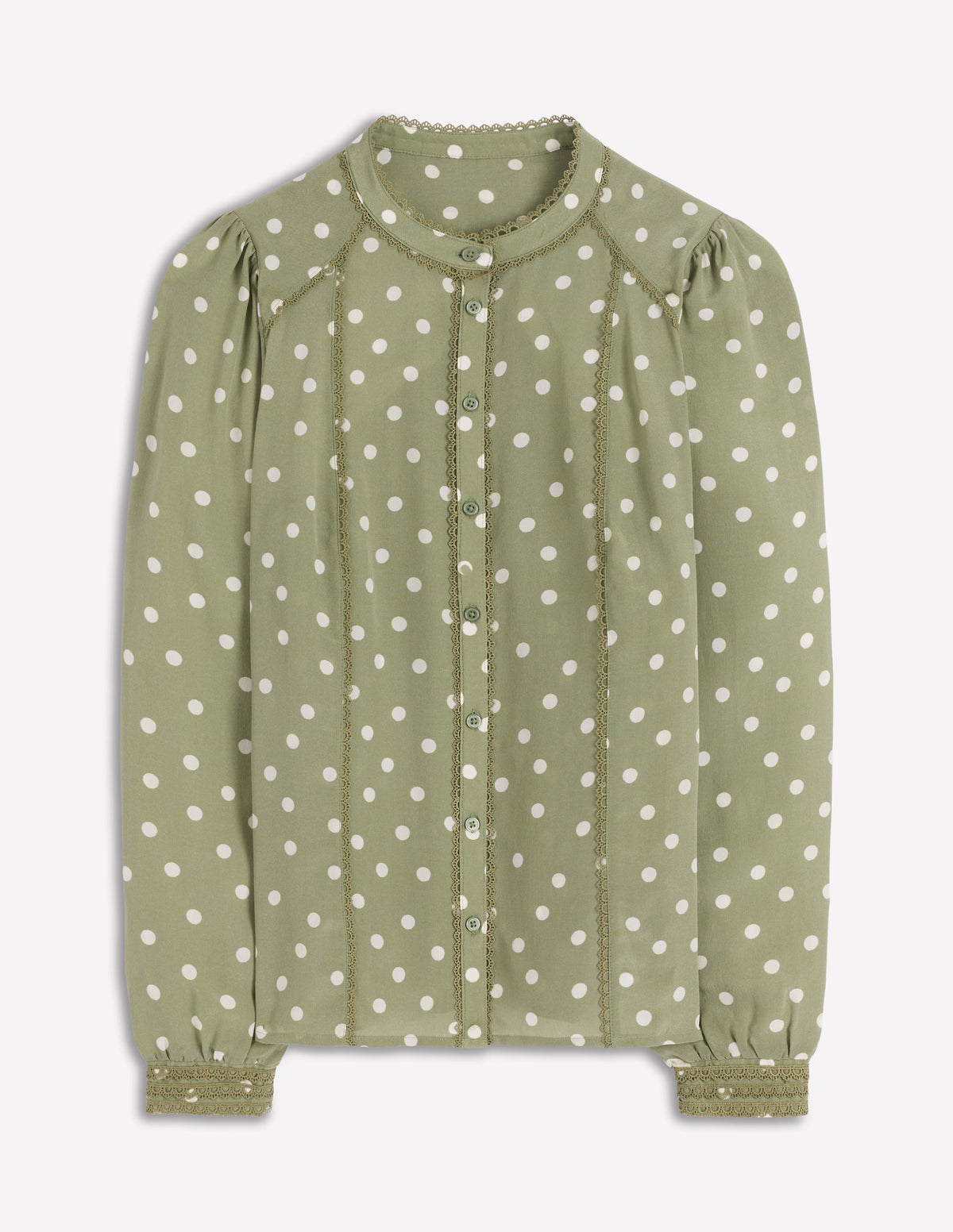 Rhea Trim Detail Silk Top-Larch Green, Painted Dot - Image 5