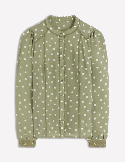Rhea Trim Detail Silk Top-Larch Green, Painted Dot-5