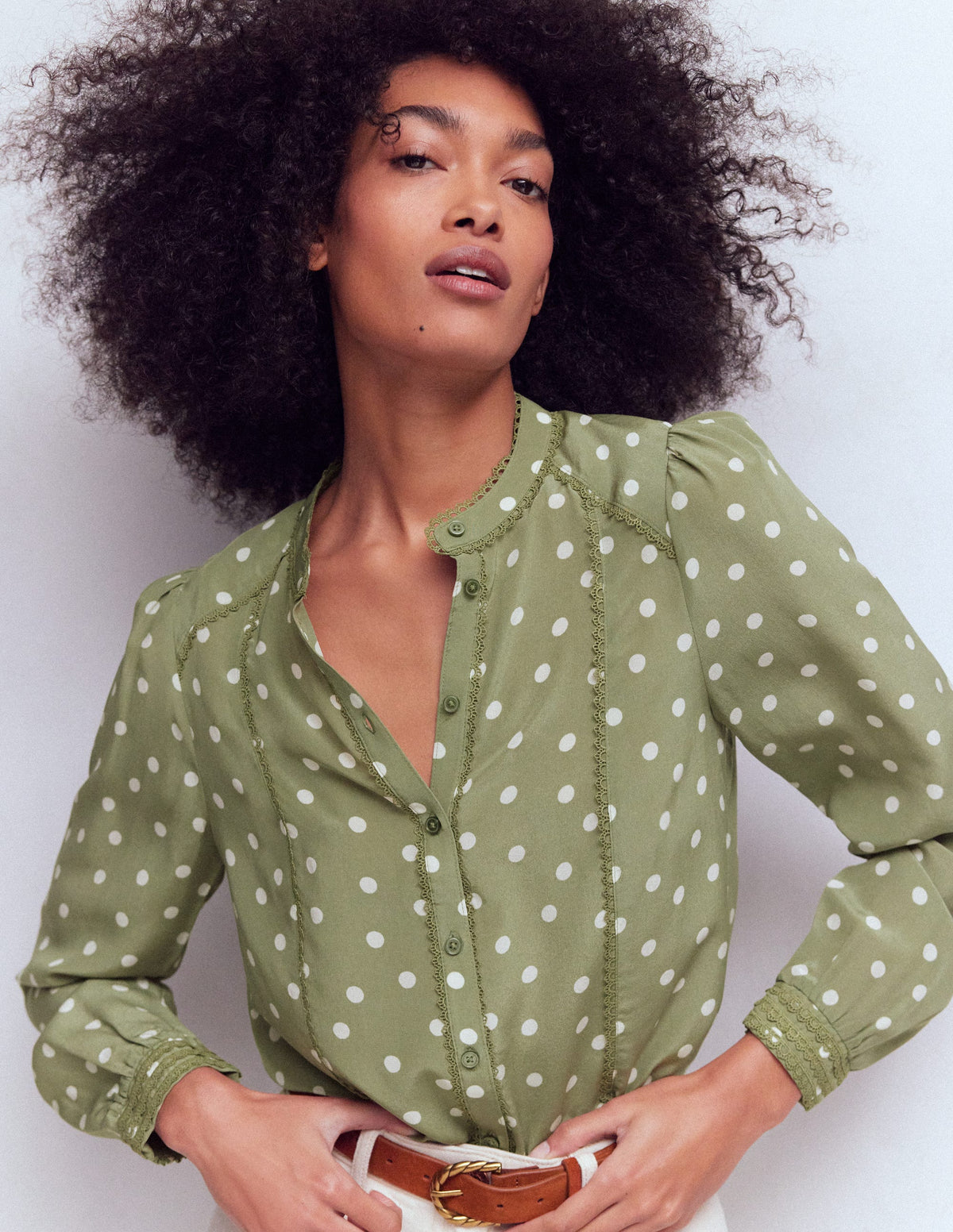 Rhea Trim Detail Silk Top-Larch Green, Painted Dot - Image 1