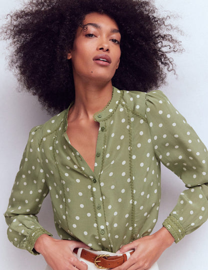 Rhea Trim Detail Silk Top-Larch Green, Painted Dot-1