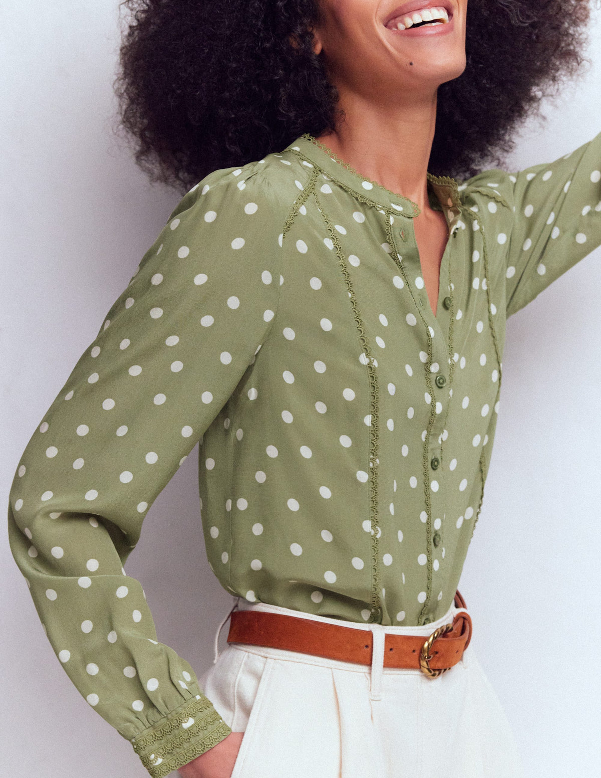 Rhea Trim Detail Silk Top-Larch Green, Painted Dot - Image 2