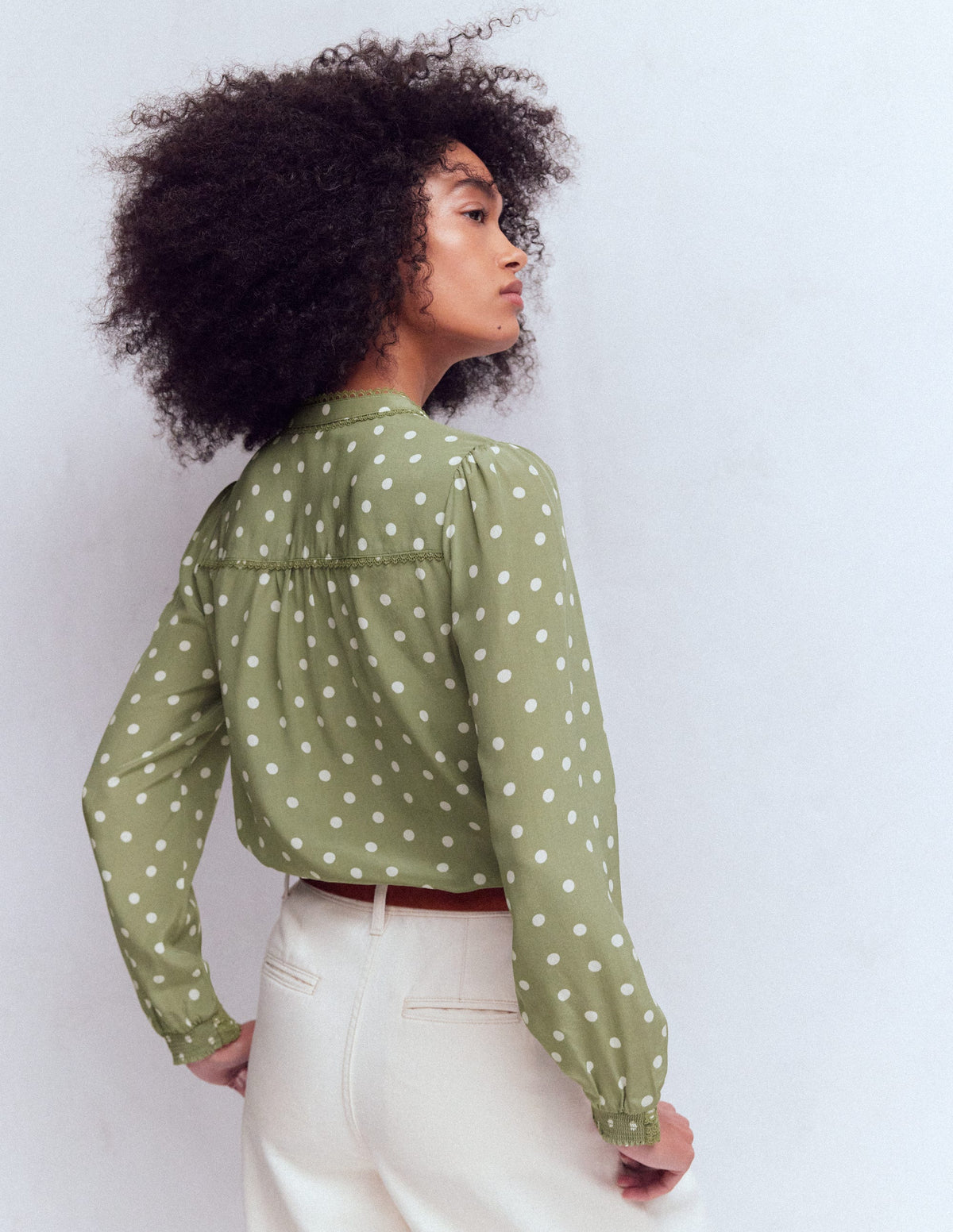 Rhea Trim Detail Silk Top-Larch Green, Painted Dot - Image 3