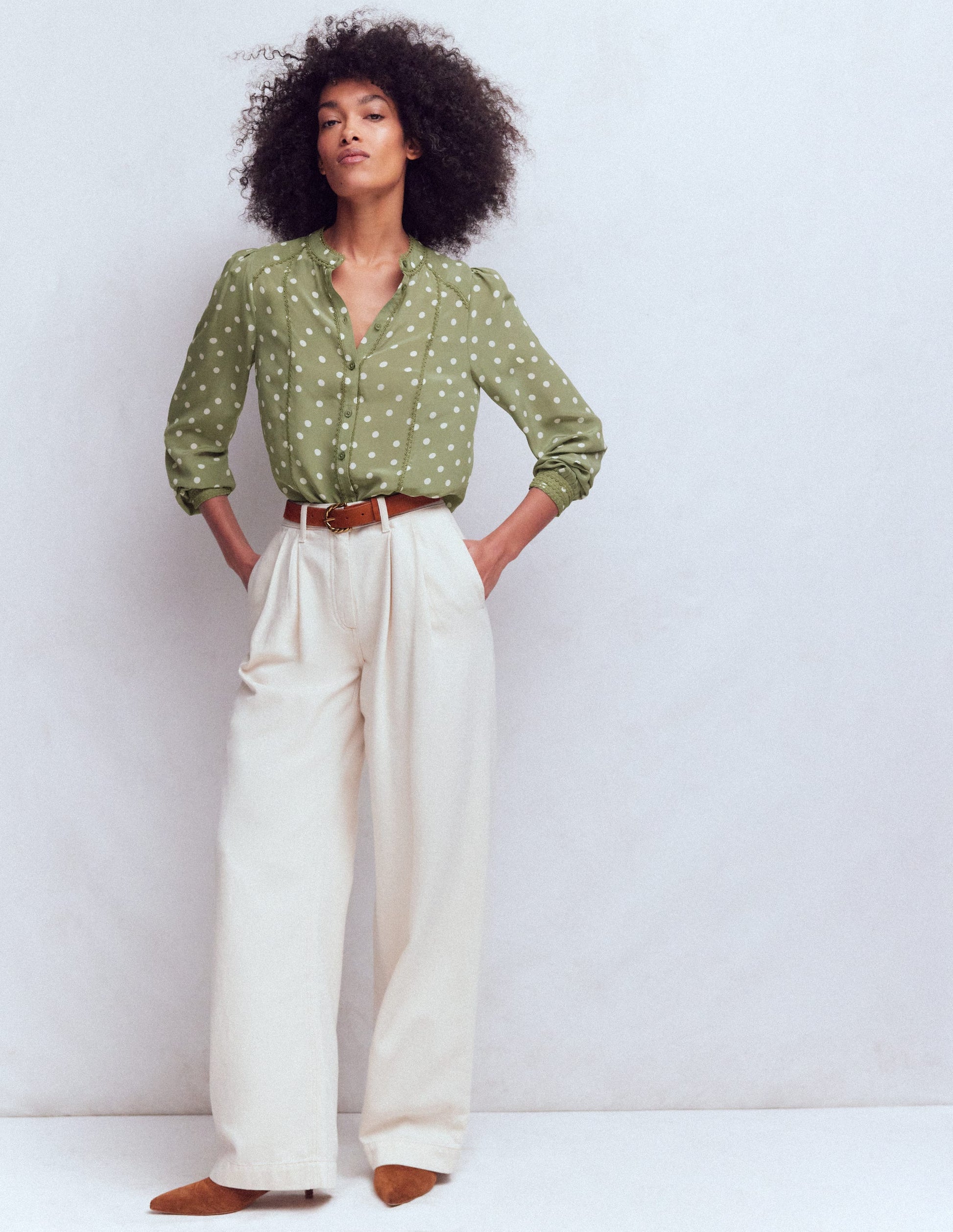 Rhea Trim Detail Silk Top-Larch Green, Painted Dot-4