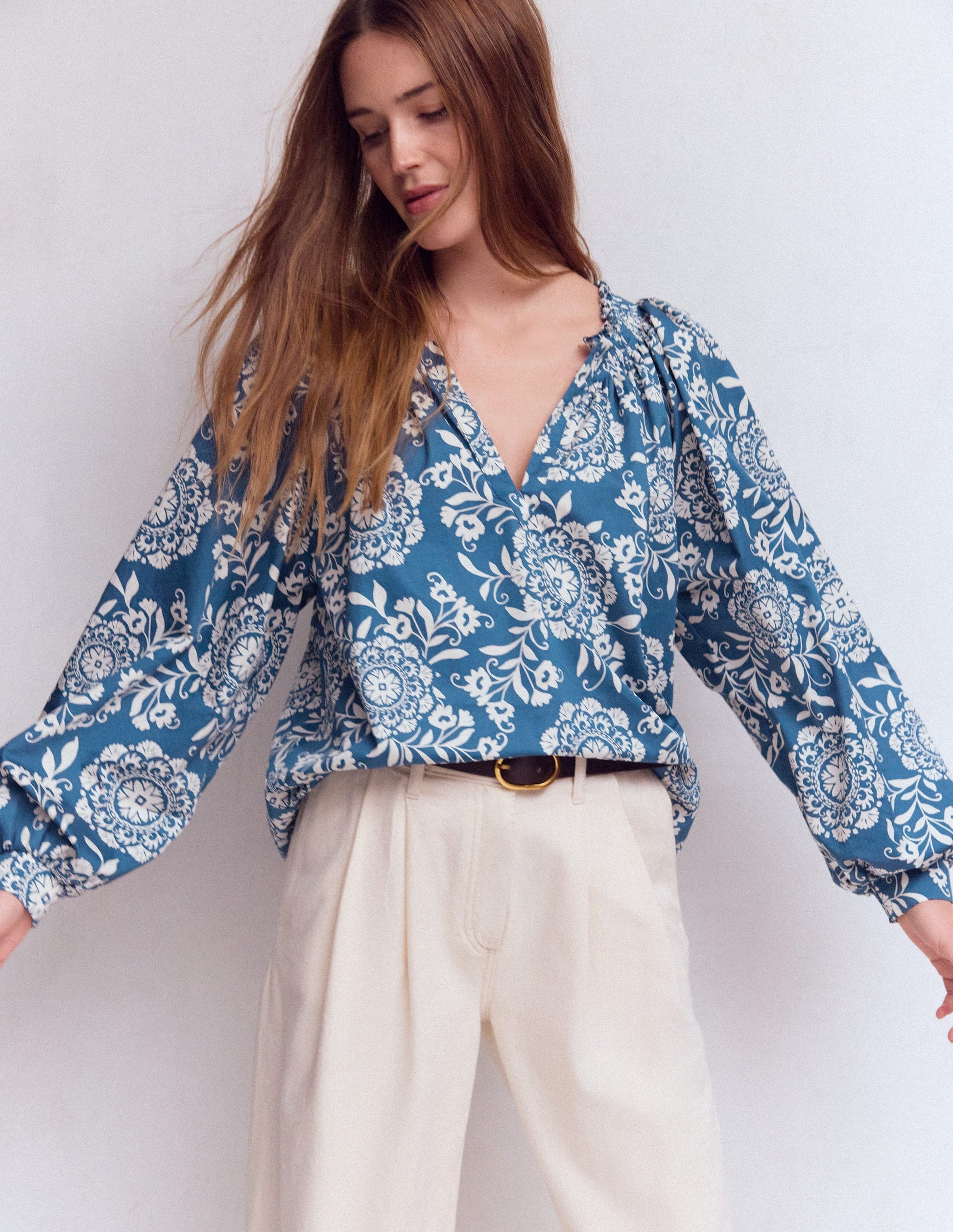 Serena Pleat Neck Top-Dark Blue, Decorative Blossom-1