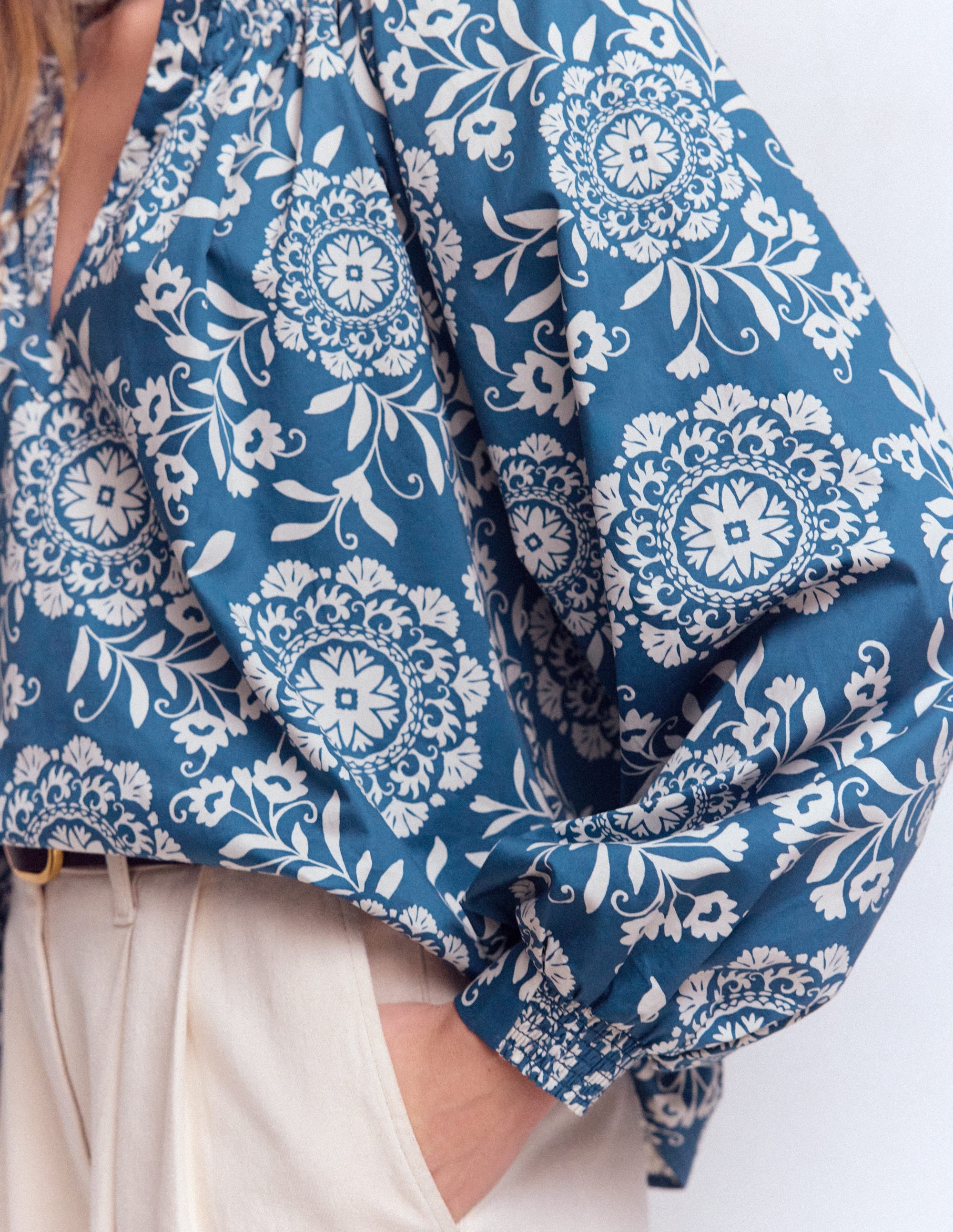 Serena Pleat Neck Top-Blue, Decorative Blossom - Image 2