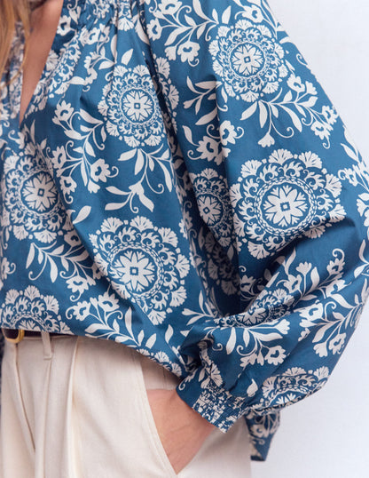 Serena Pleat Neck Top-Dark Blue, Decorative Blossom-2