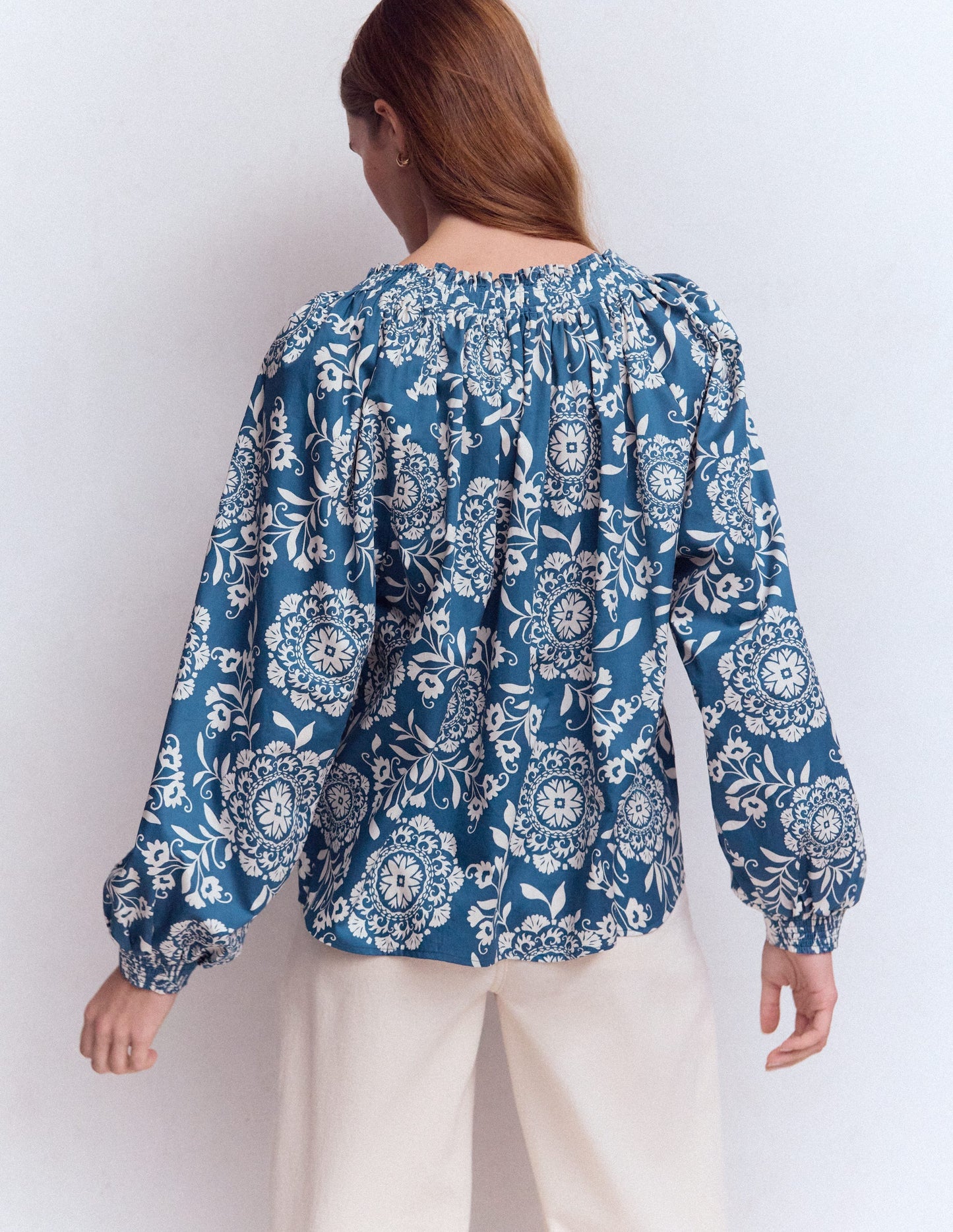 Serena Pleat Neck Top-Dark Blue, Decorative Blossom