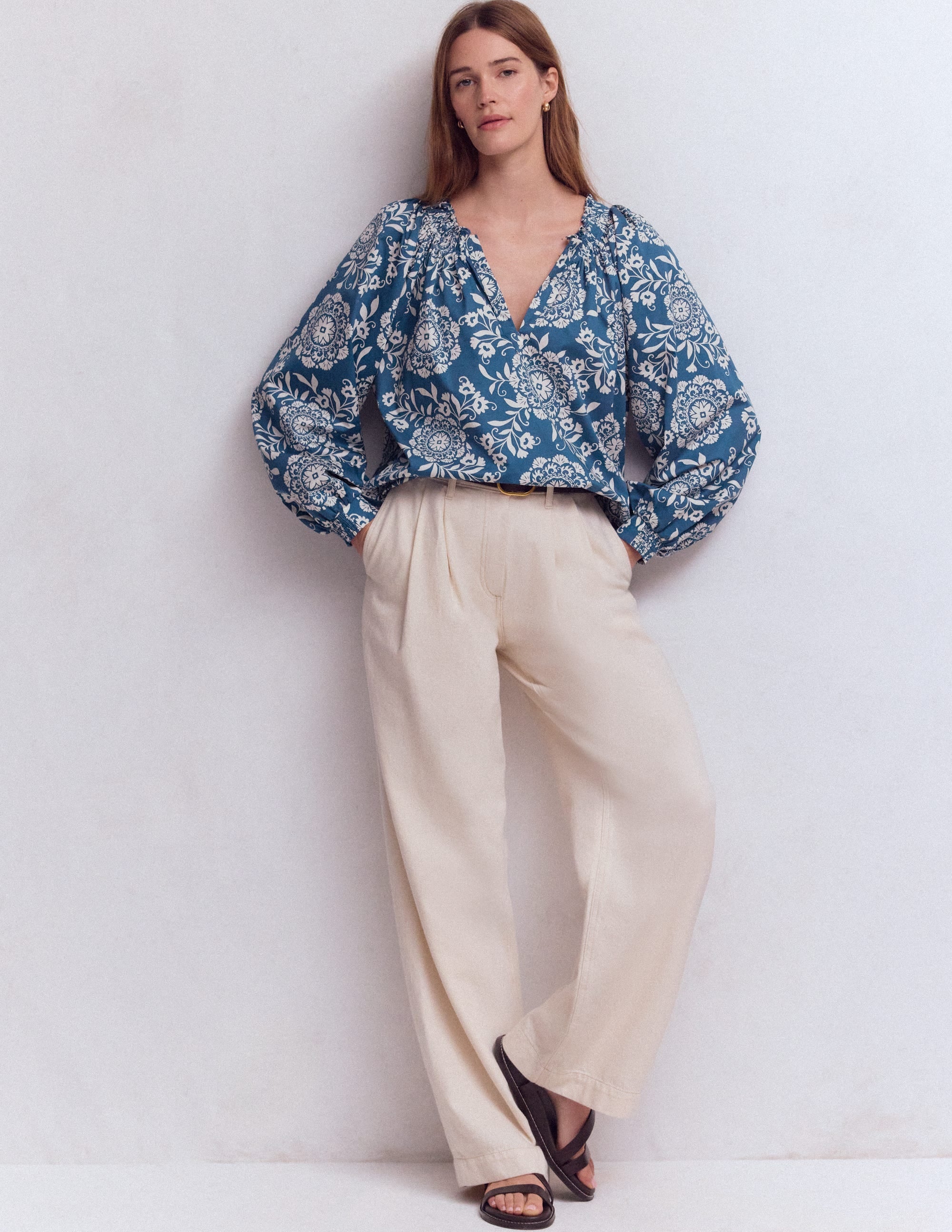 Serena Pleat Neck Top-Blue, Decorative Blossom - Image 4