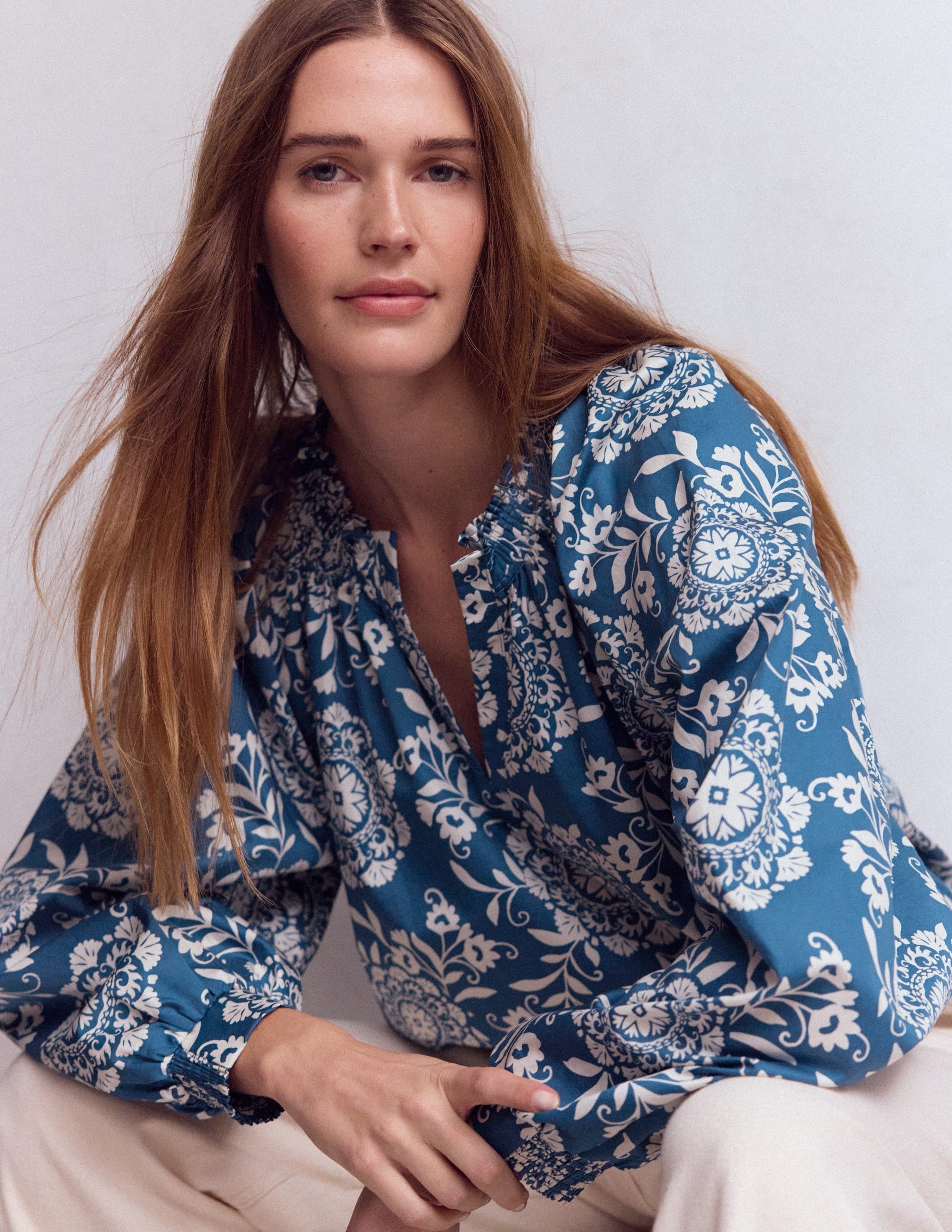 Serena Pleat Neck Top-Blue, Decorative Blossom - Image 5