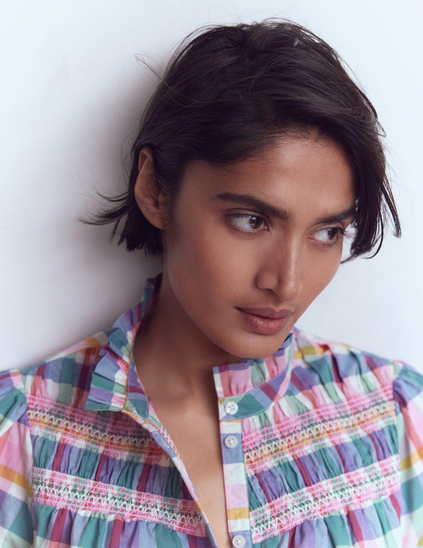 Esme Smocked Detail Frill Top-Multi Check