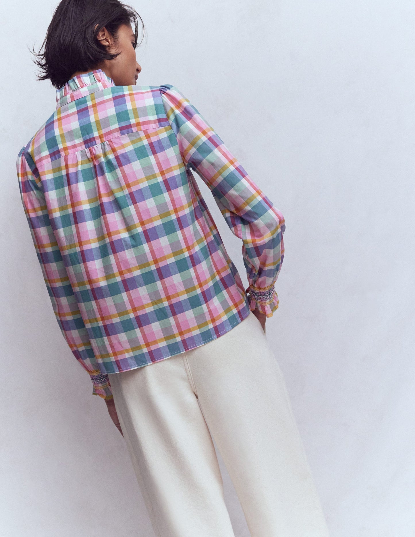 Esme Smocked Detail Frill Top-Multi Check