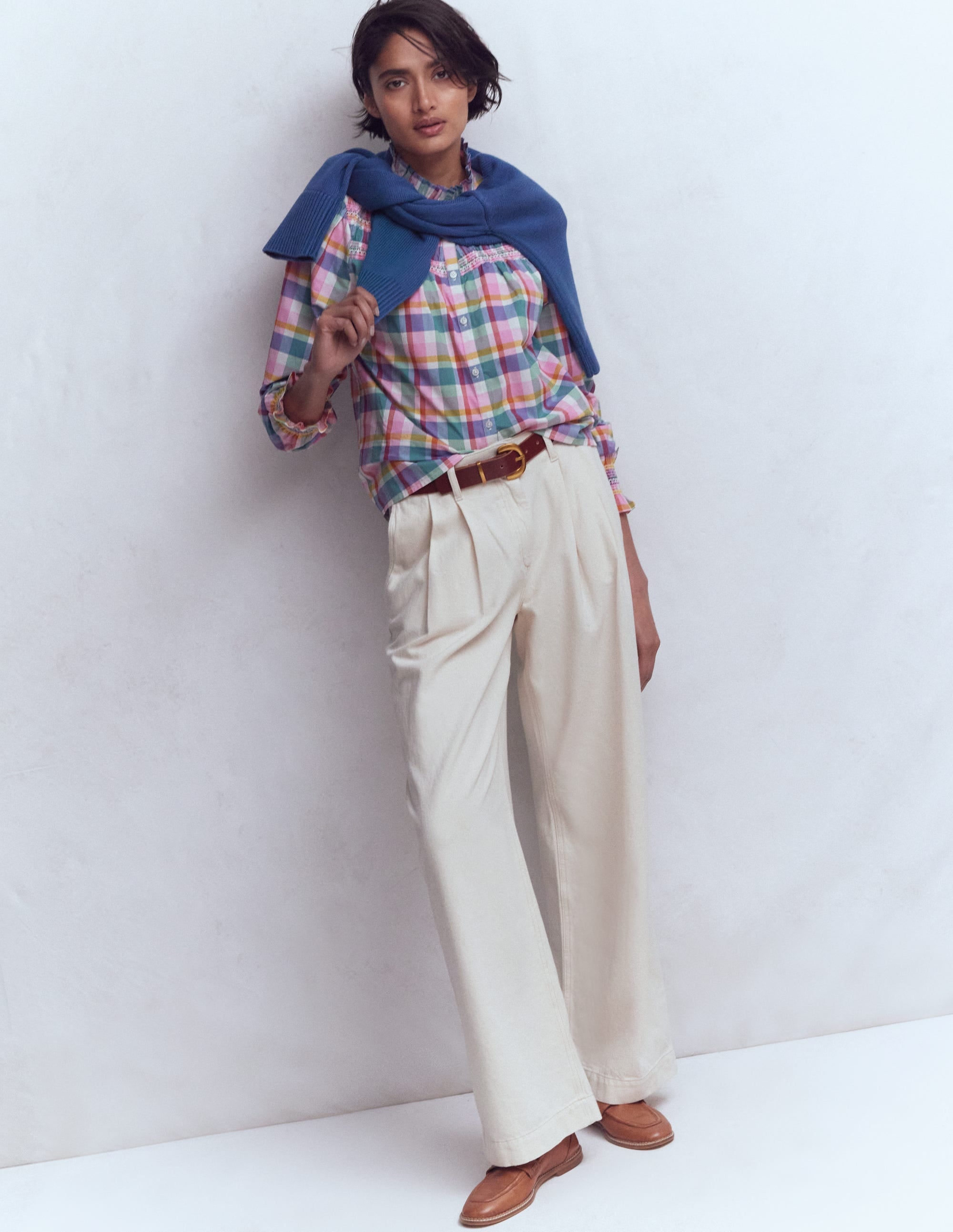 Esme Smocked Detail Frill Top - Multi Check | Boden USA