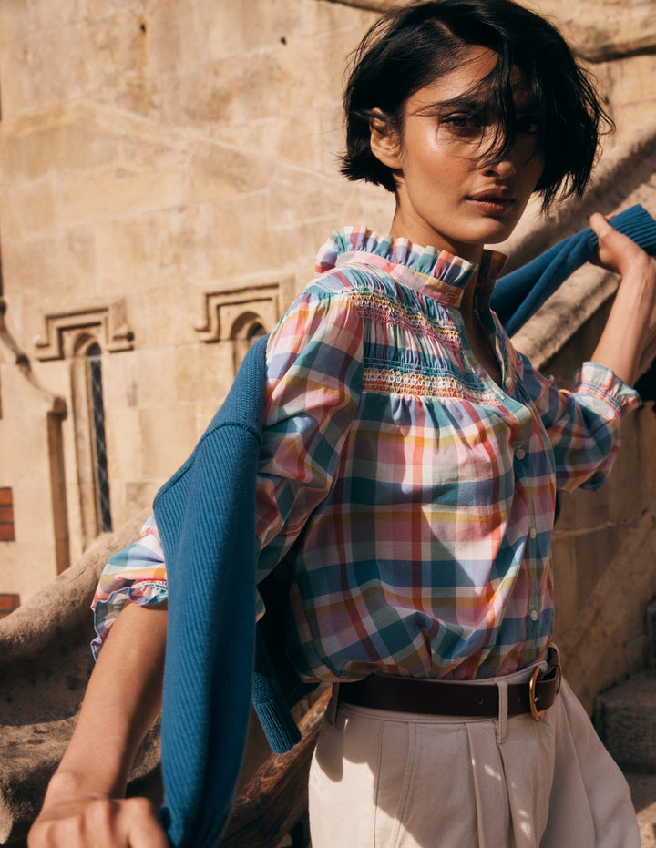 Esme Smocked Detail Frill Top-Multi Check