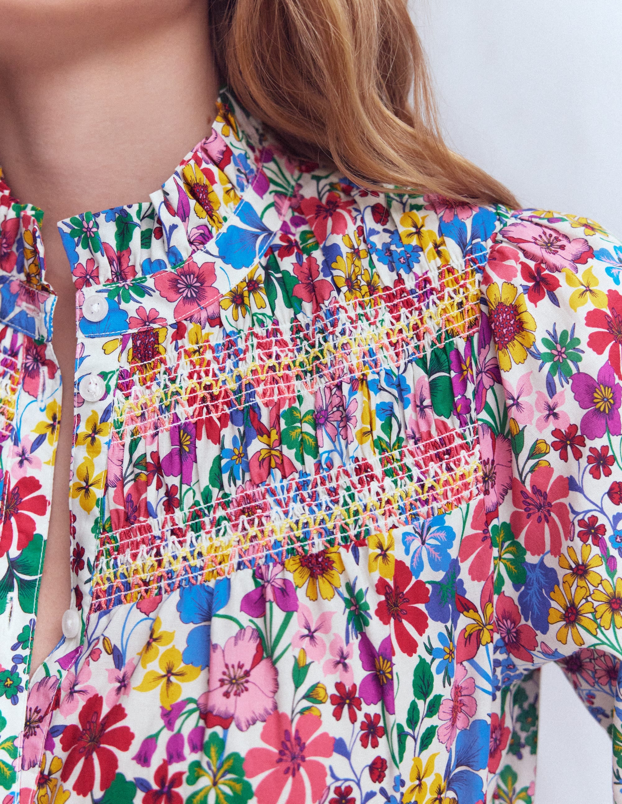 Esme Smocked Detail Frill Top-Multi, Blossoming Garden - Image 2
