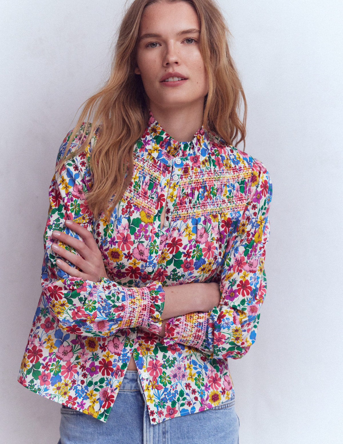 Esme Smocked Detail Frill Top-Multi, Blossoming Garden - Image 4