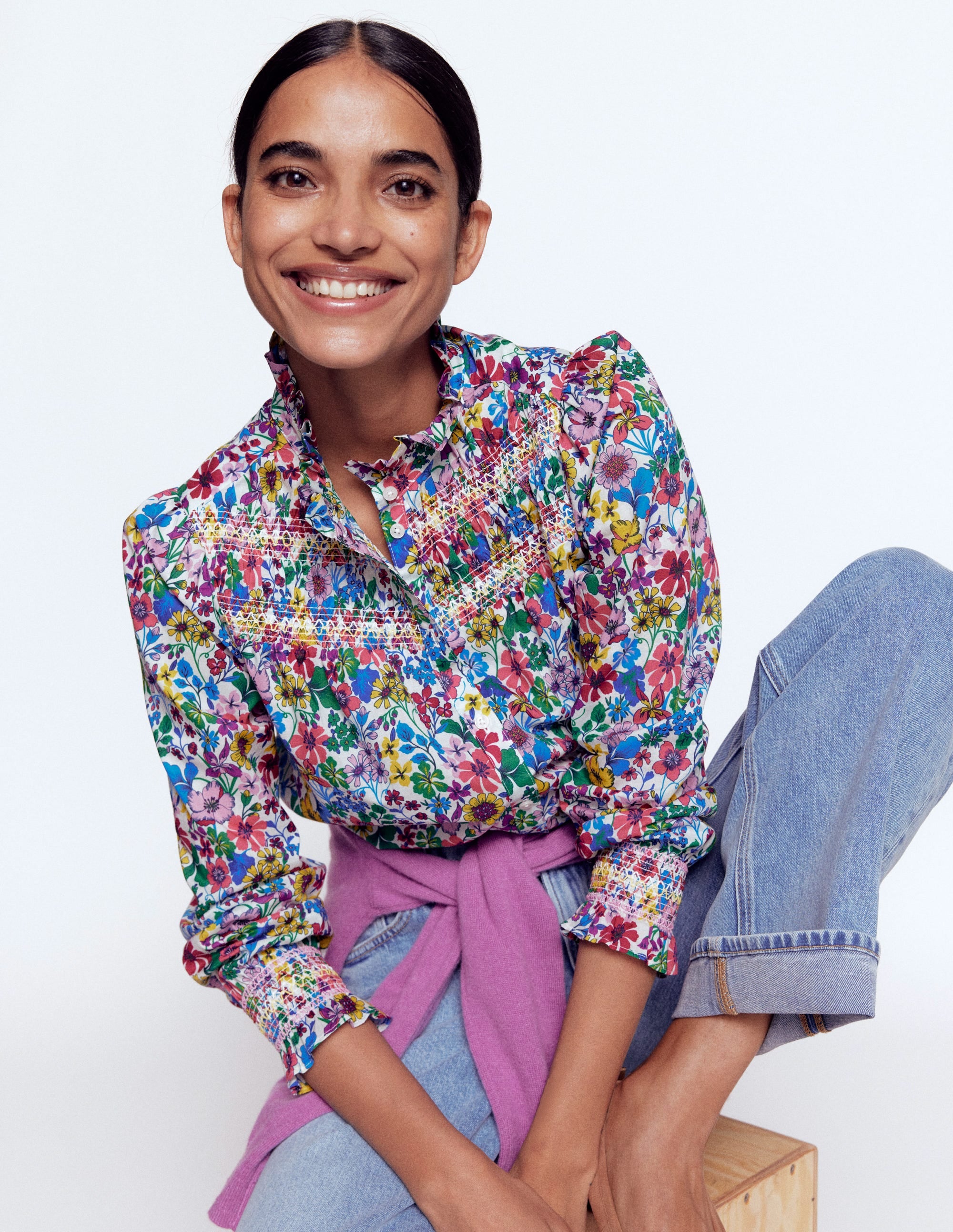 Esme Smocked Detail Frill Top-Multi, Blossoming Garden | Boden USA