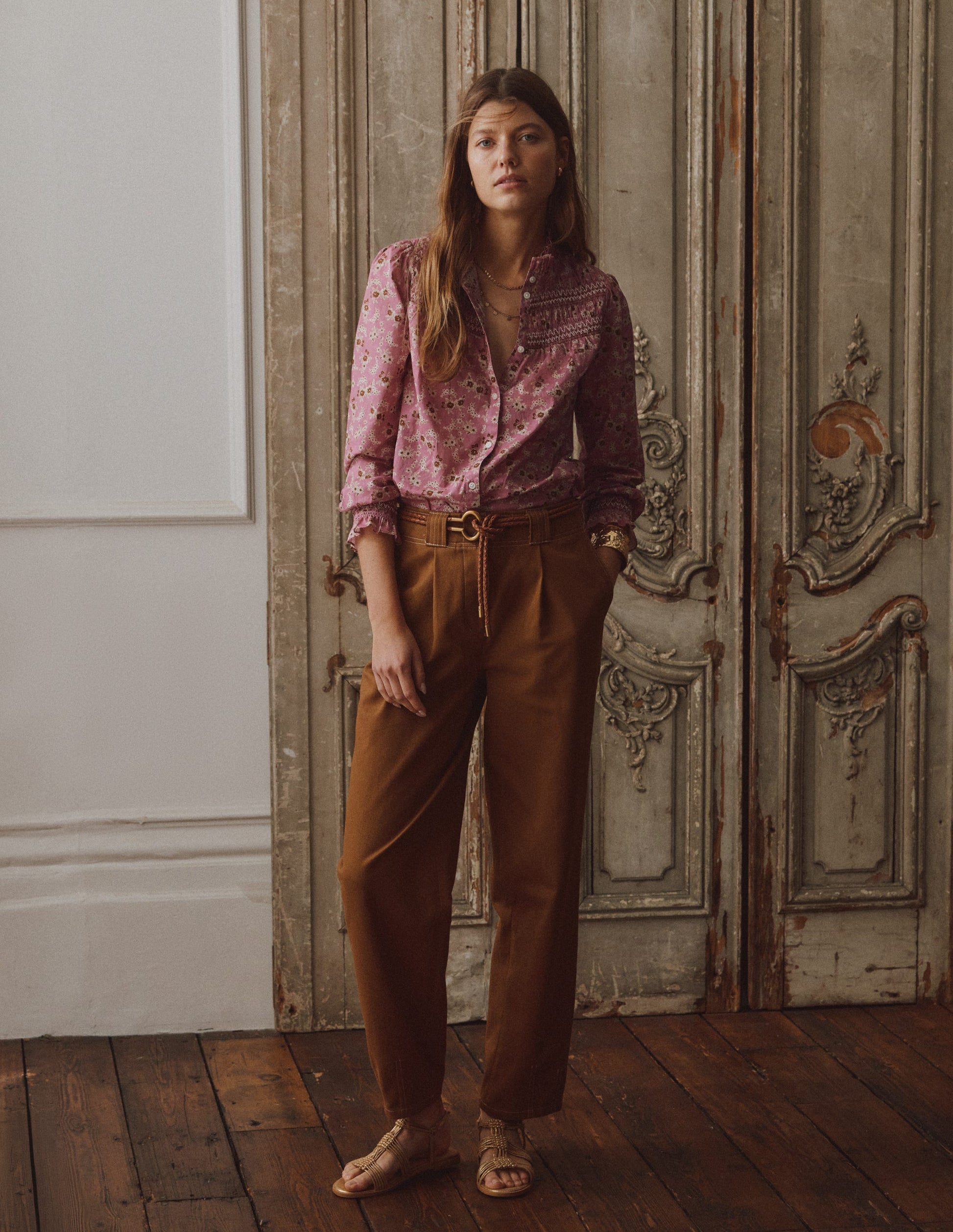 Esme Smocked Detail Frill Top-Pink, Dainty Blooms-1