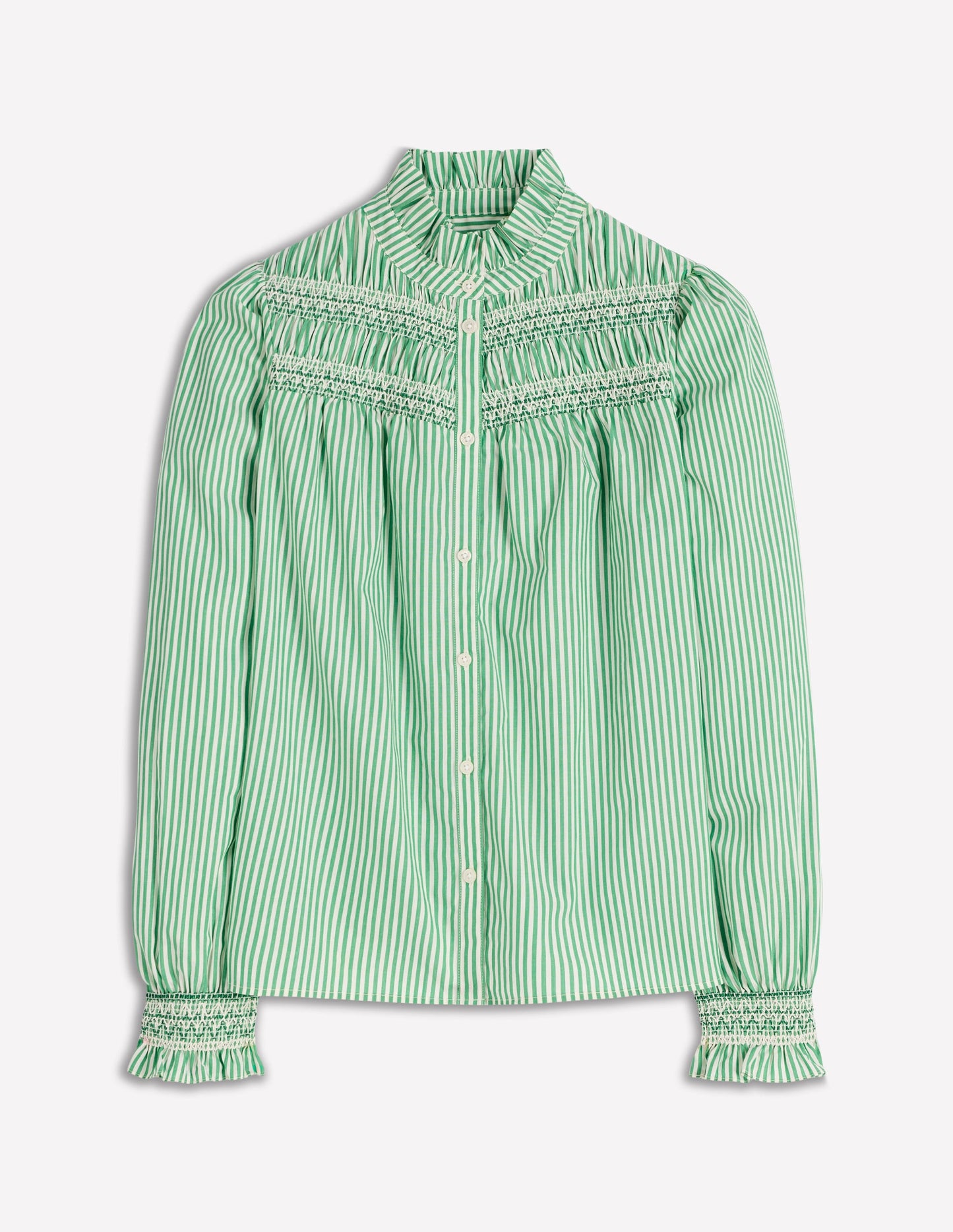 Esme Smocked Detail Frill Top-Highland Green, Ivory Stripe