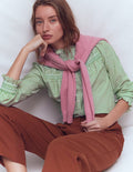 Esme Smocked Detail Frill Top-Highland Green, Ivory Stripe