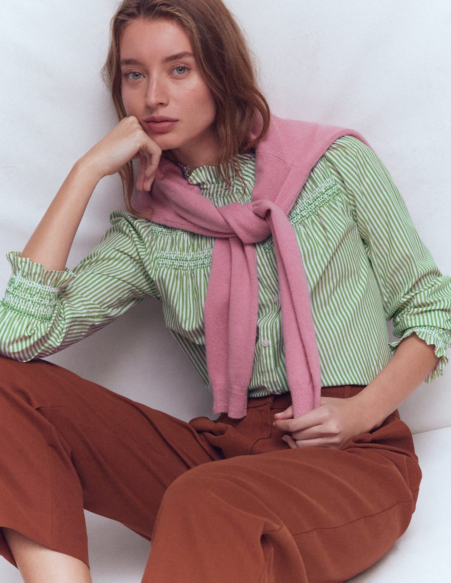 Esme Smocked Detail Frill Top-Highland Green, Ivory Stripe