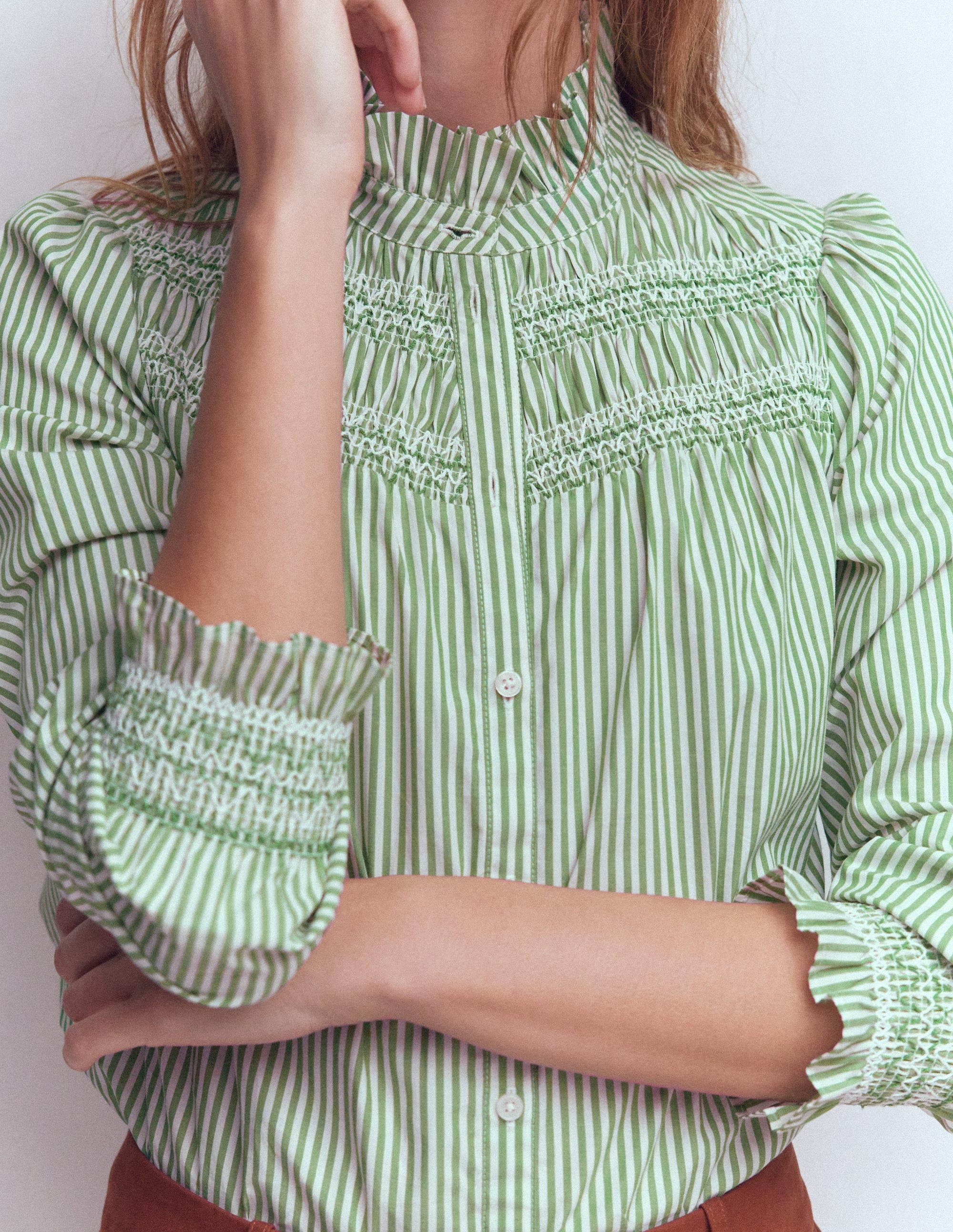 Esme Smocked Detail Frill Top-Highland Green, Ivory Stripe | Boden USA