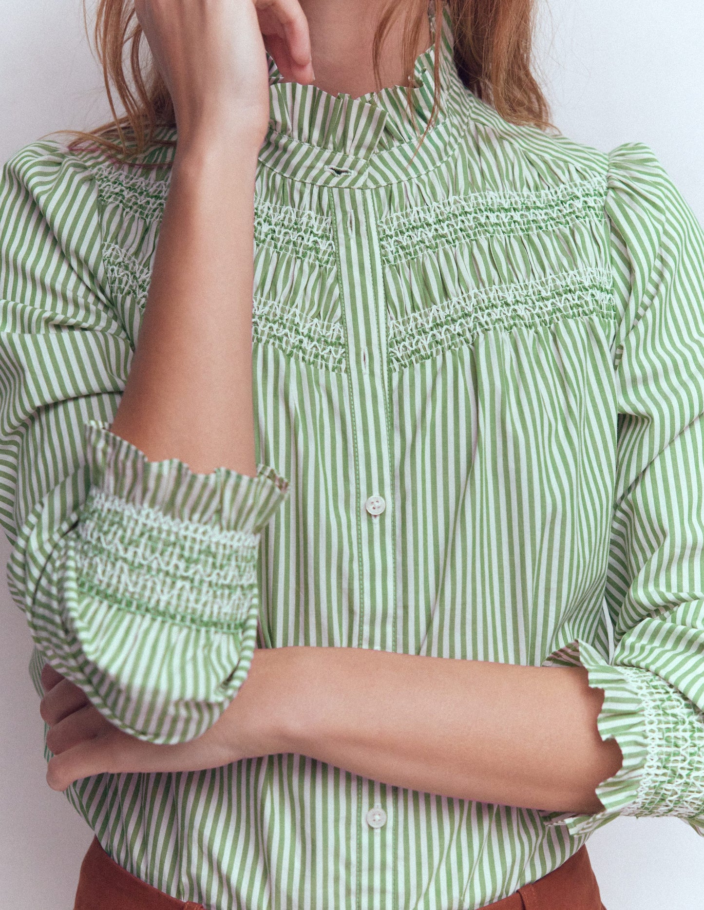 Esme Smocked Detail Frill Top-Highland Green, Ivory Stripe