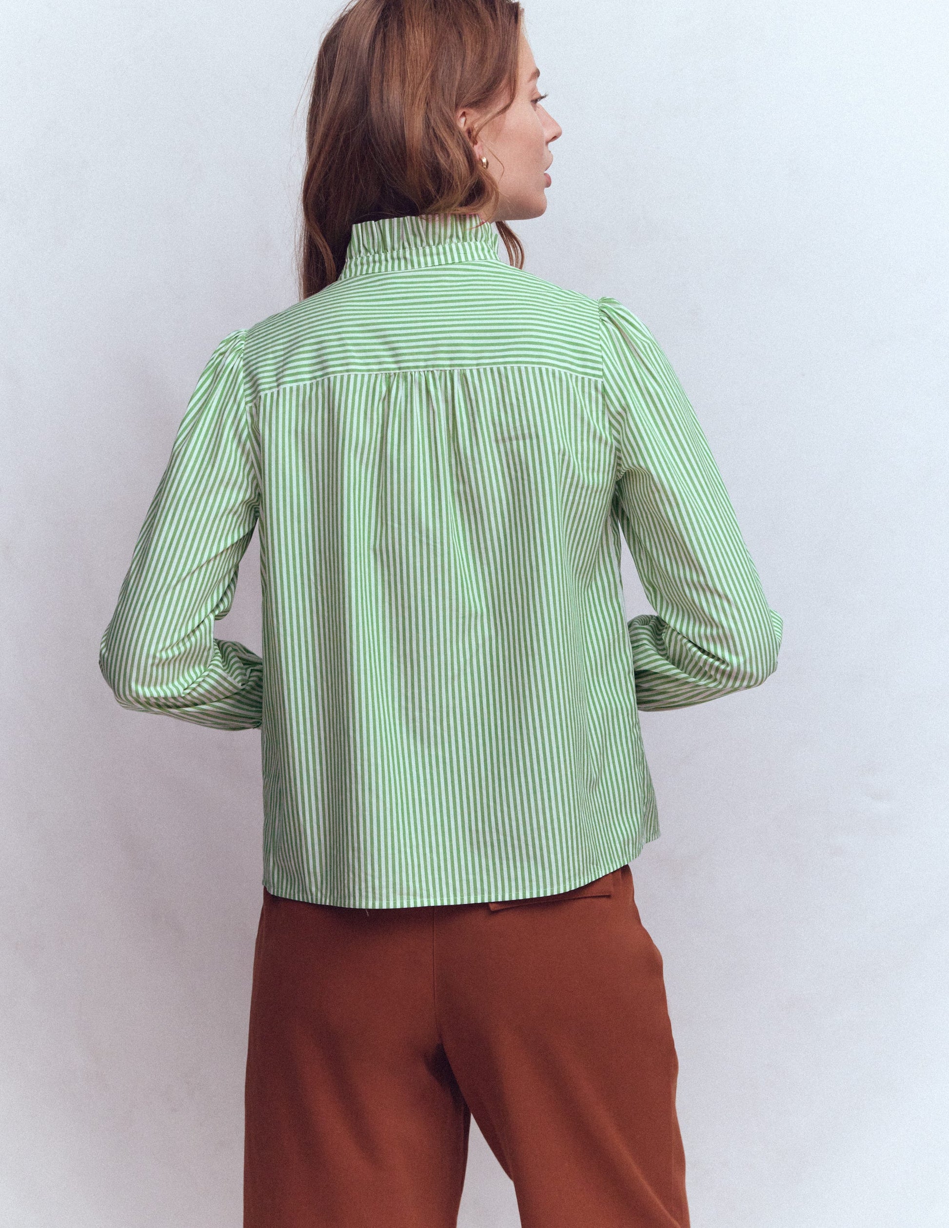 Esme Smocked Detail Frill Top-Highland Green, Ivory Stripe-4