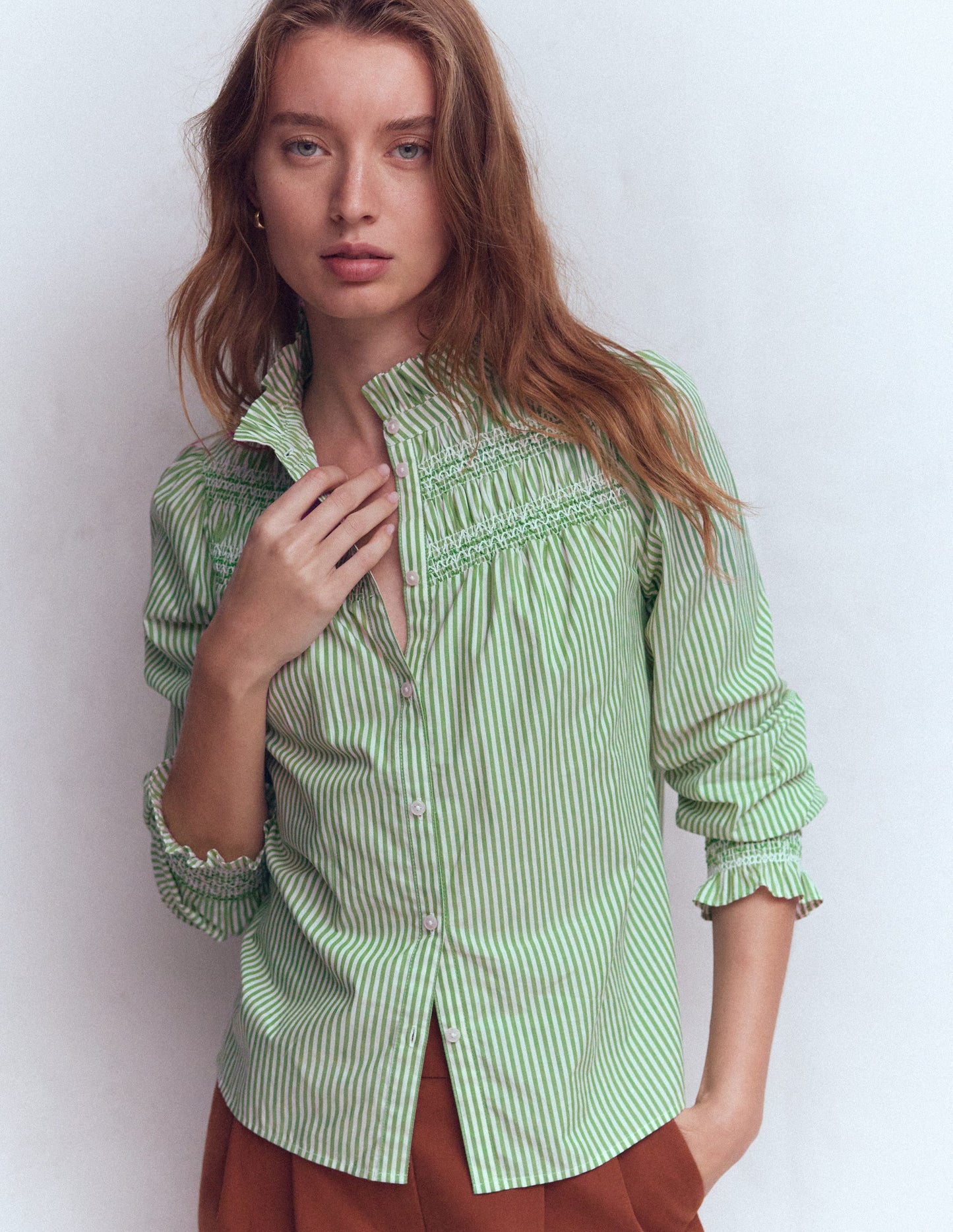 Esme Smocked Detail Frill Top-Highland Green, Ivory Stripe