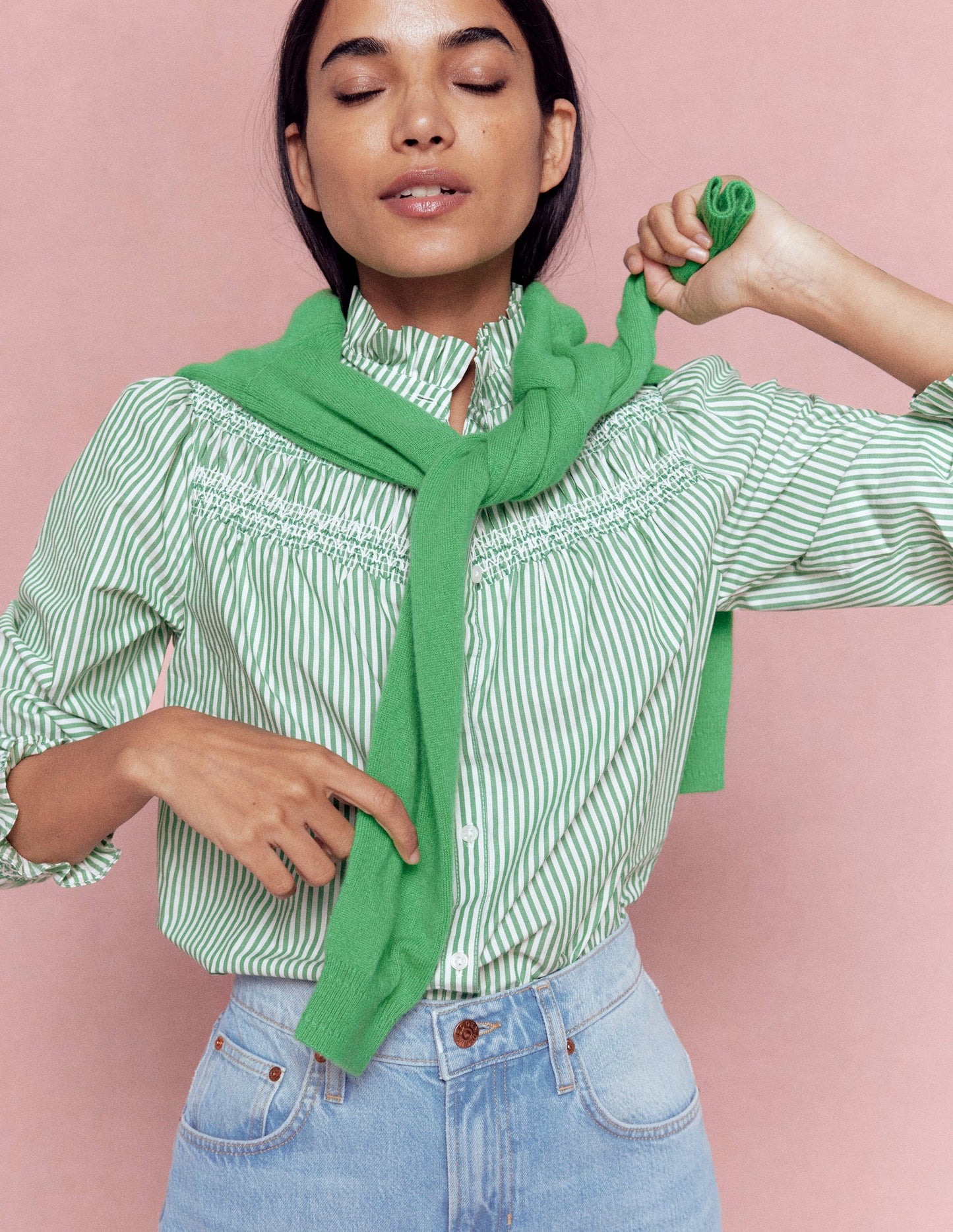 Esme Smocked Detail Frill Top-Highland Green, Ivory Stripe