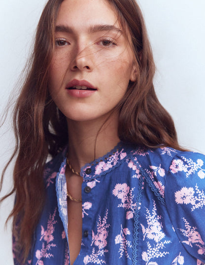 Rhea Trim Detail Cotton Top-Blue, Blossomy Sprig-2