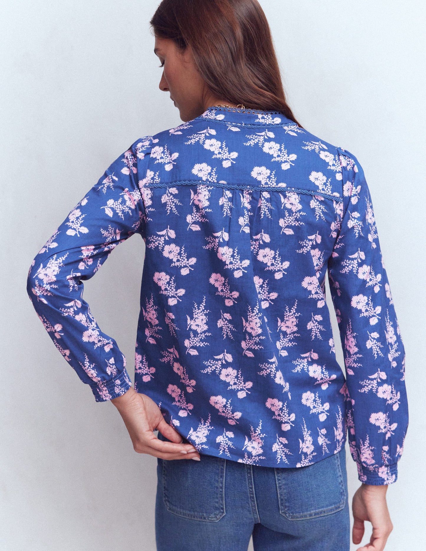 Rhea Trim Detail Cotton Top-Blue, Blossomy Sprig