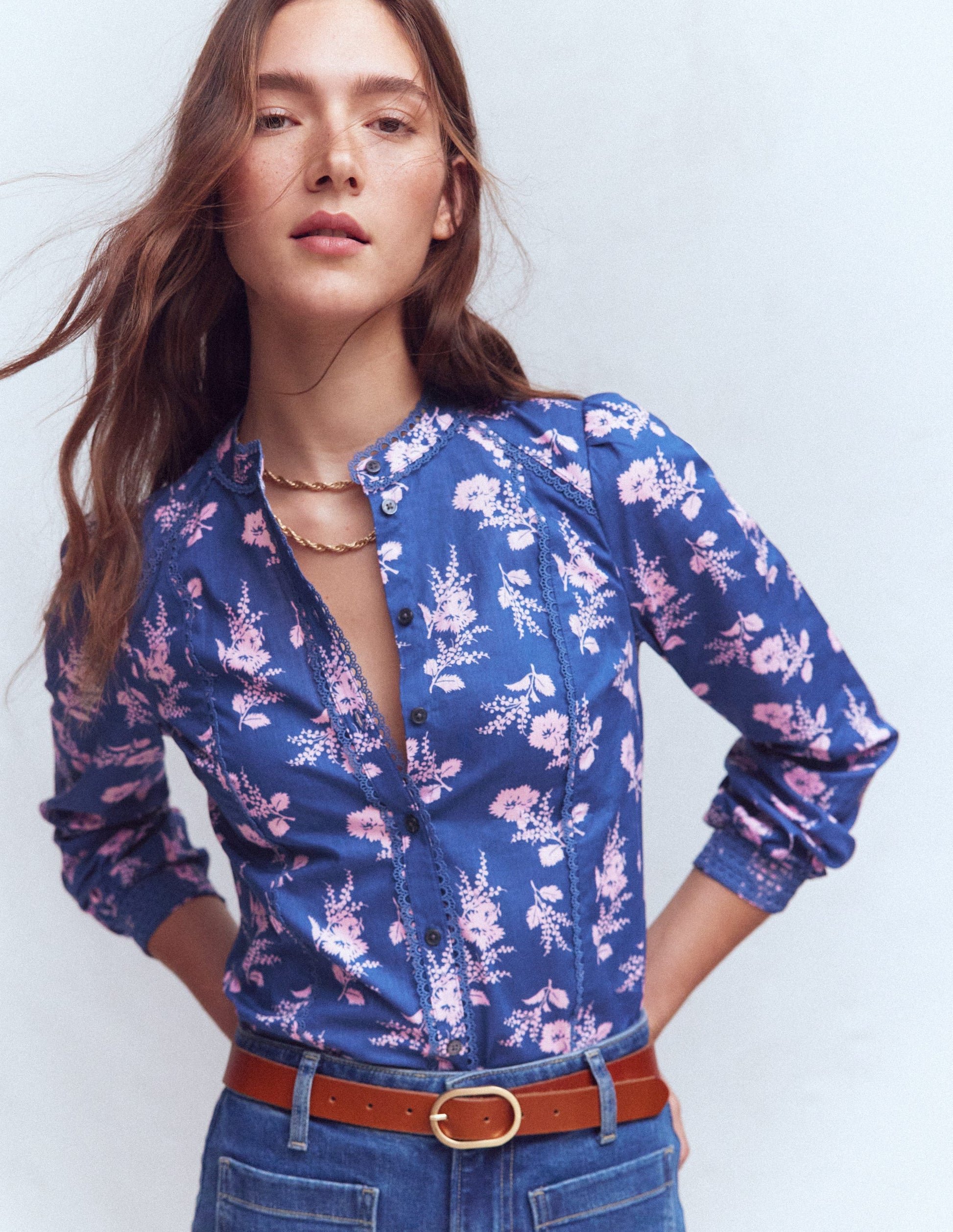 Rhea Trim Detail Cotton Top-Blue, Blossomy Sprig-4