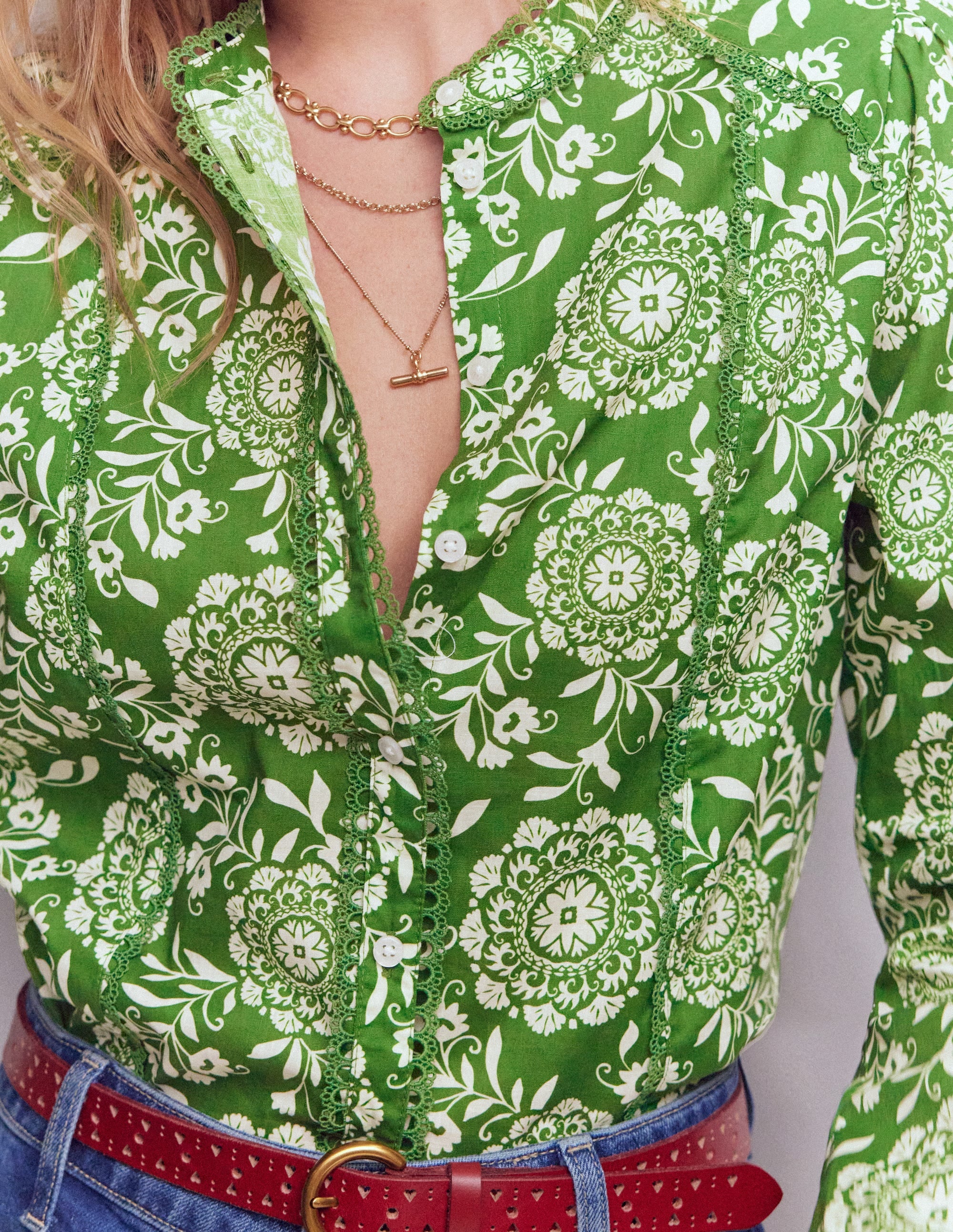 Rhea Trim  Insert Cotton Top-Green, Decorative Blossom - Image 2