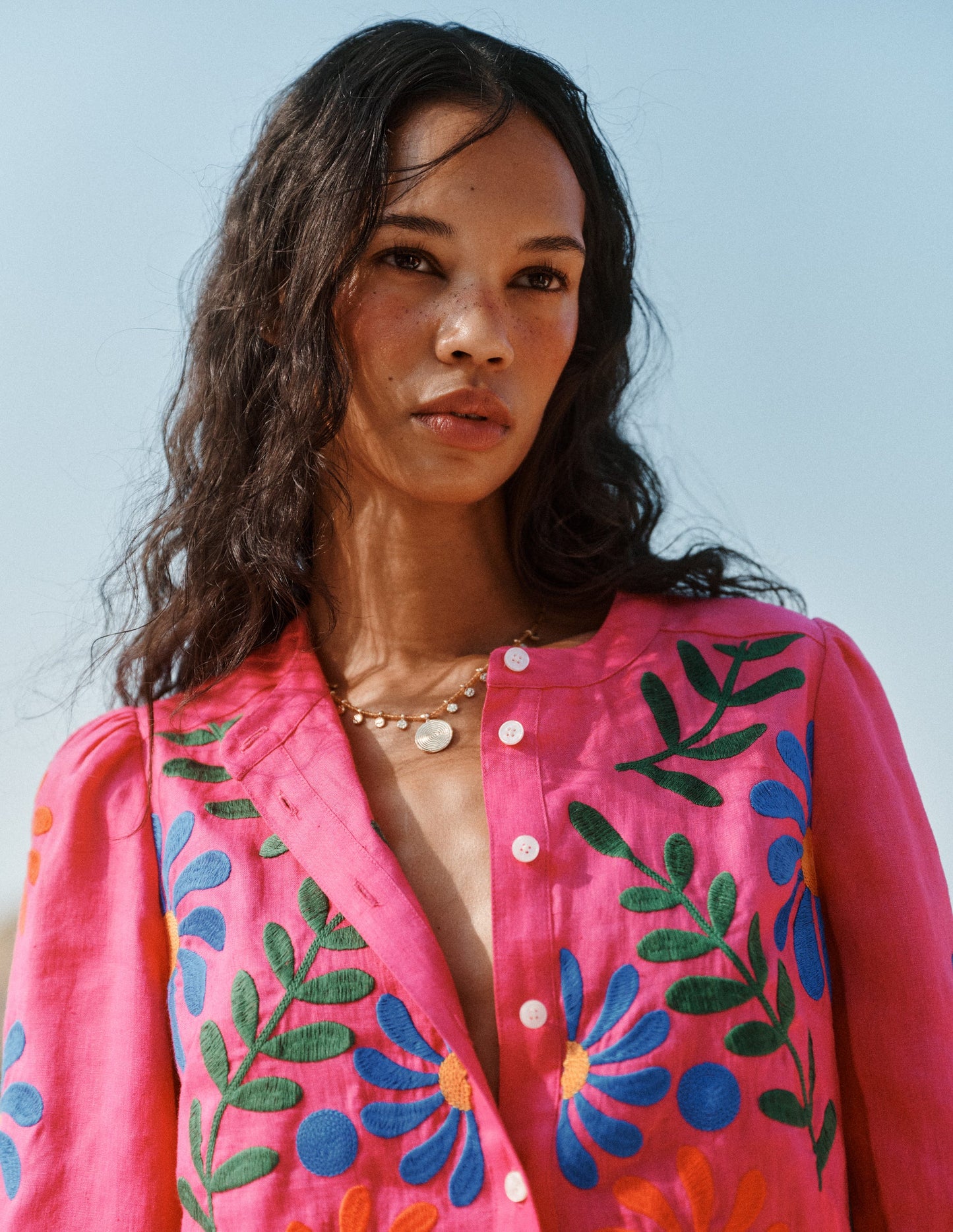 Alicia Linen Top-Pink Peony, Flower Embroidery