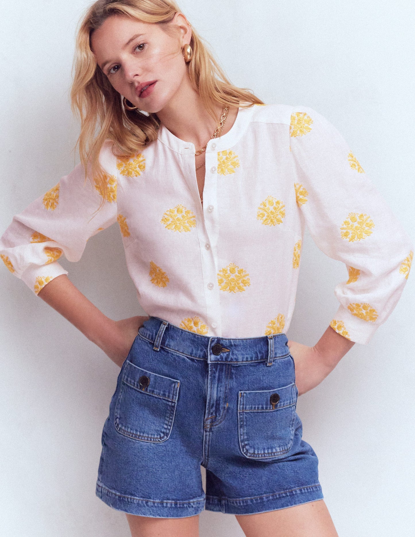 Alicia Linen Top-White yellow embroidery