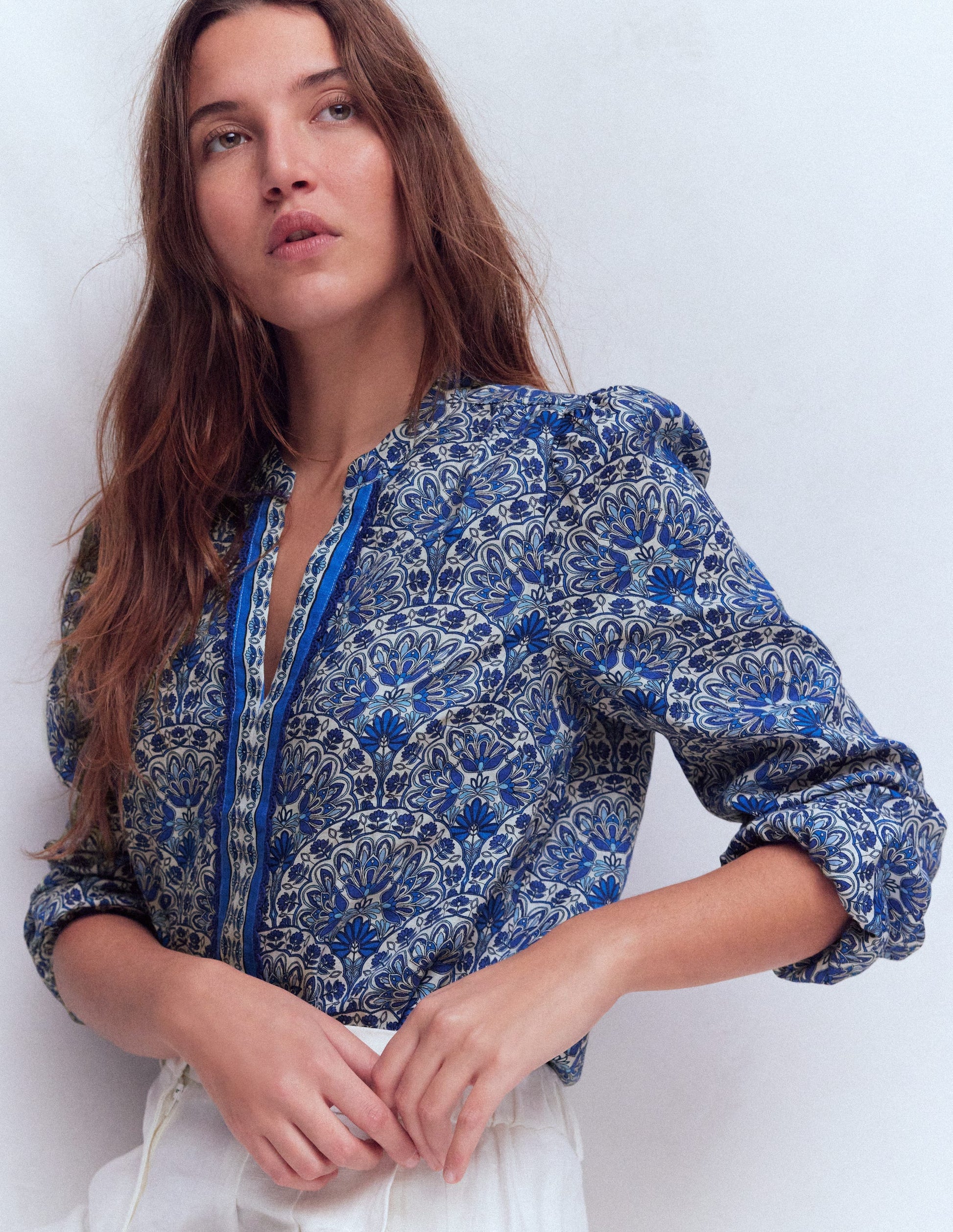 Notch Neck Linen Trim Top-Blue, Elaborate Terrace-1