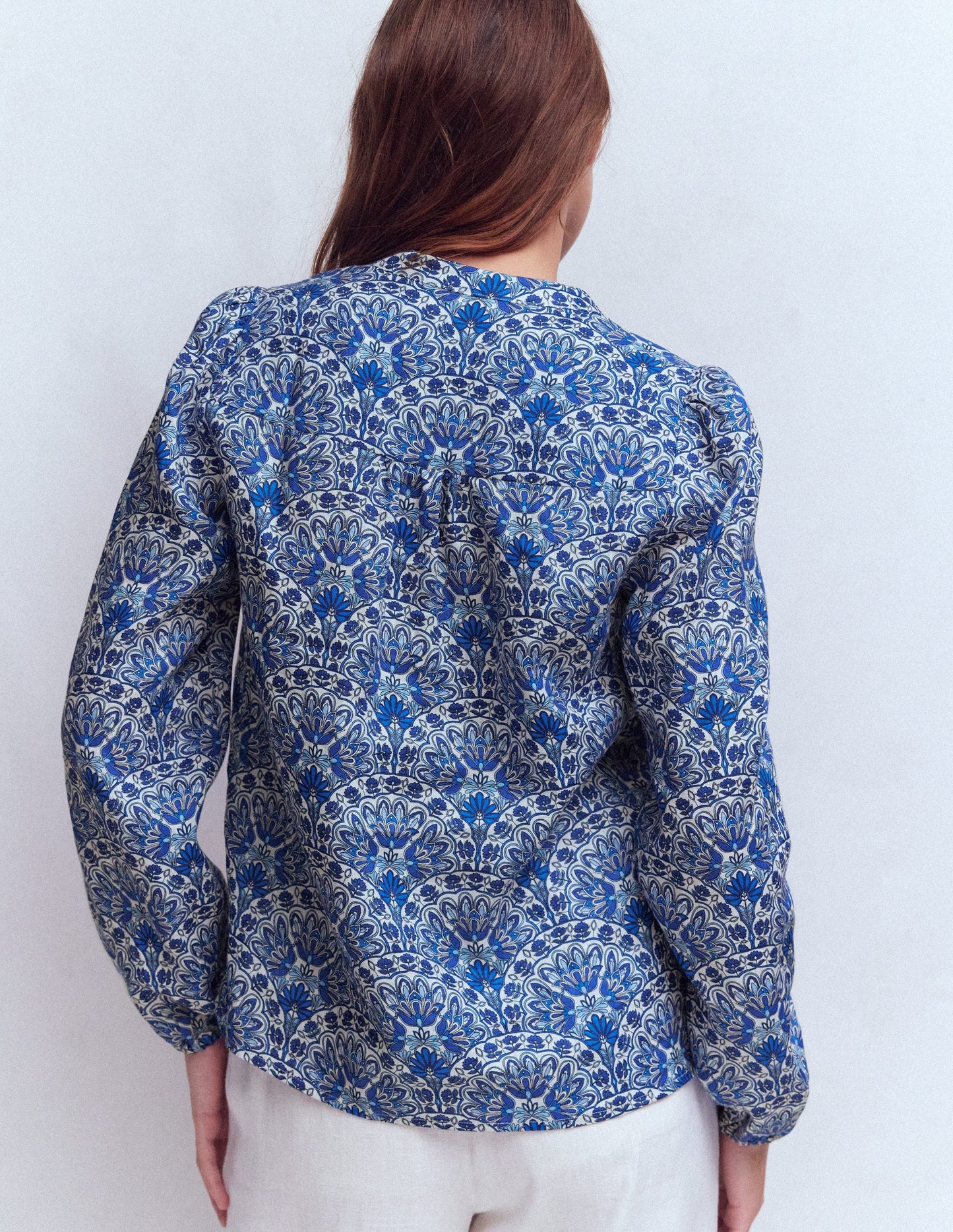 Notch Neck Linen Trim Top-Blue, Elaborate Terrace