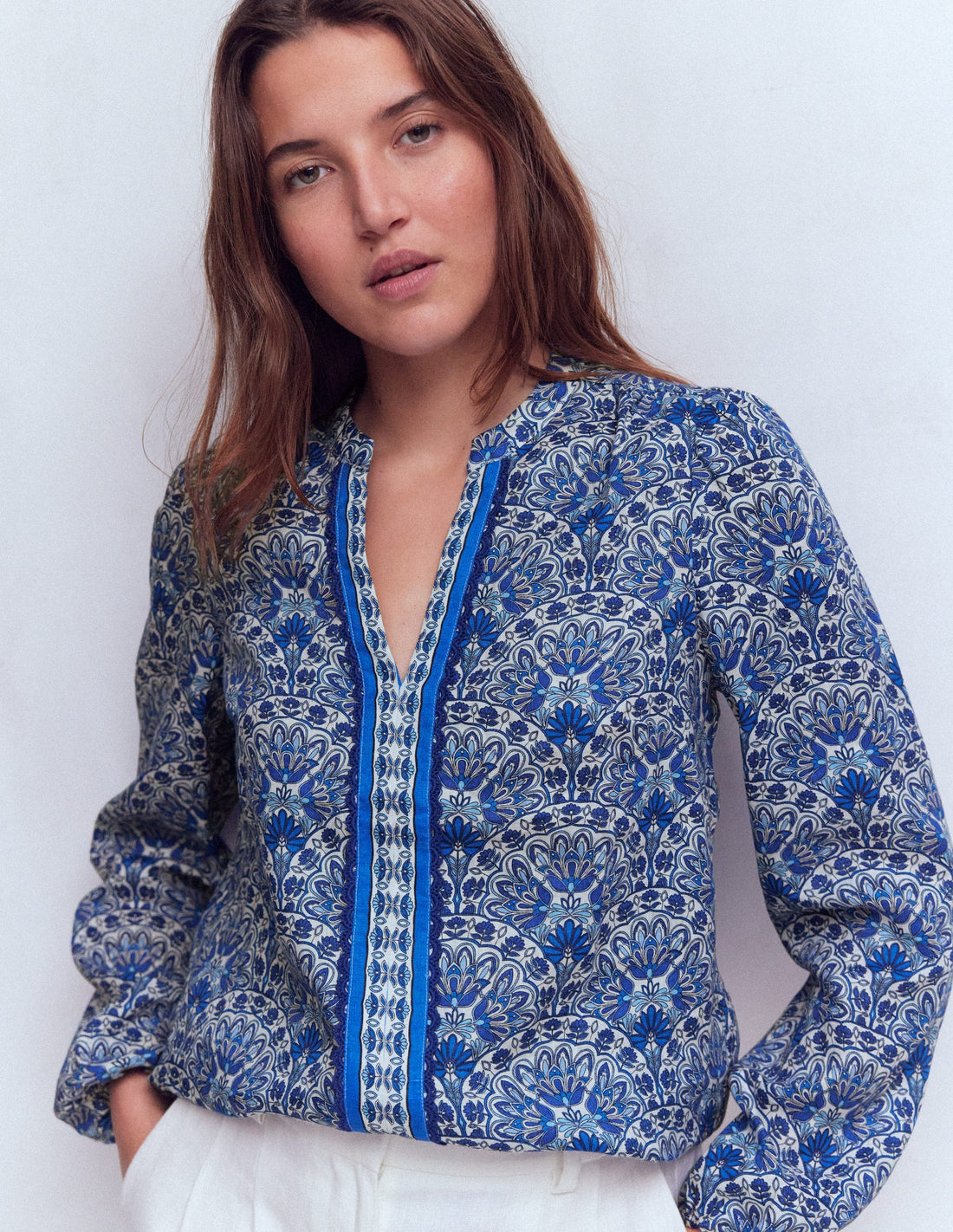 Linen Trim Insert Top-Blue, Elaborate Terrace | Boden USA