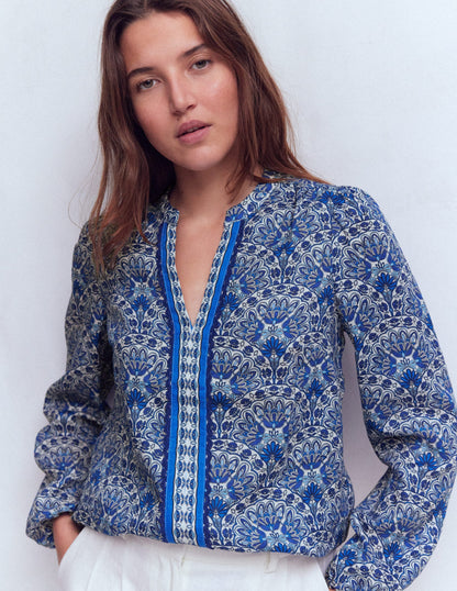 Notch Neck Linen Trim Top-Blue, Elaborate Terrace-4