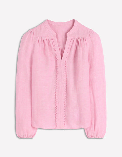 Notch Neck Linen Trim Top-Meadowsweet Chambray-6