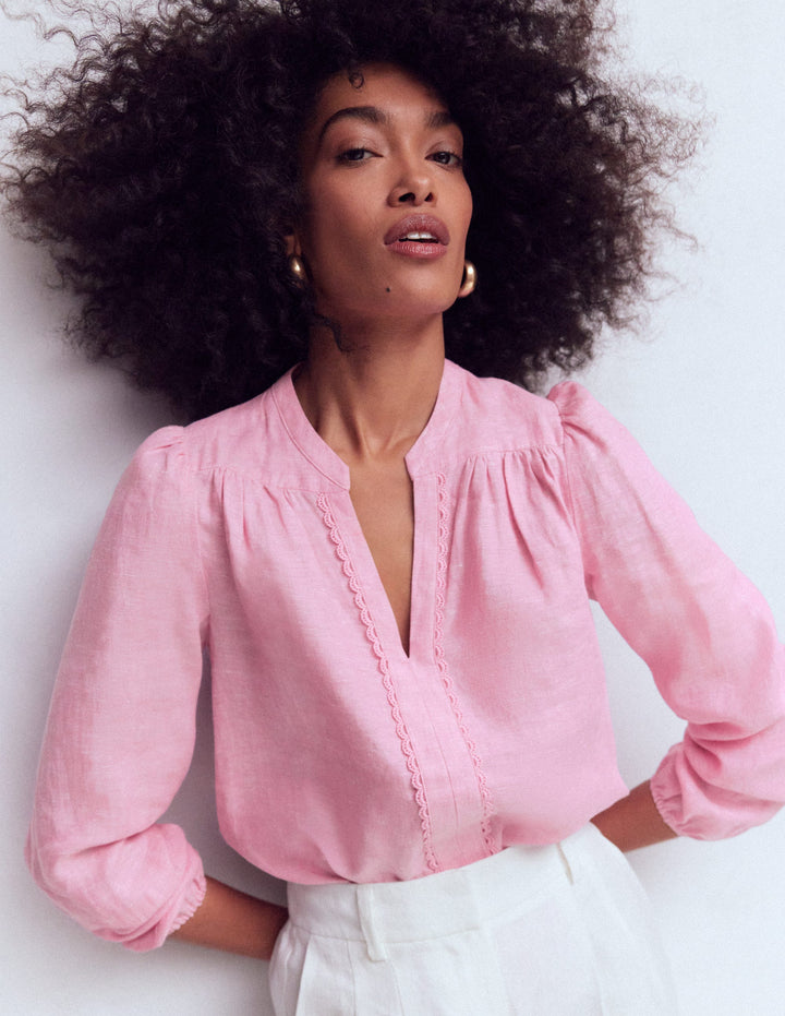 Notch Neck Linen Trim Top-Meadowsweet Chambray