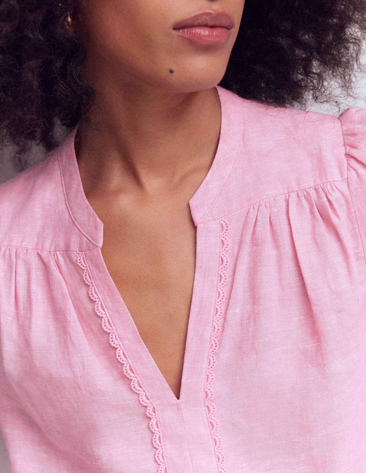 Notch Neck Linen Trim Top-Meadowsweet Chambray