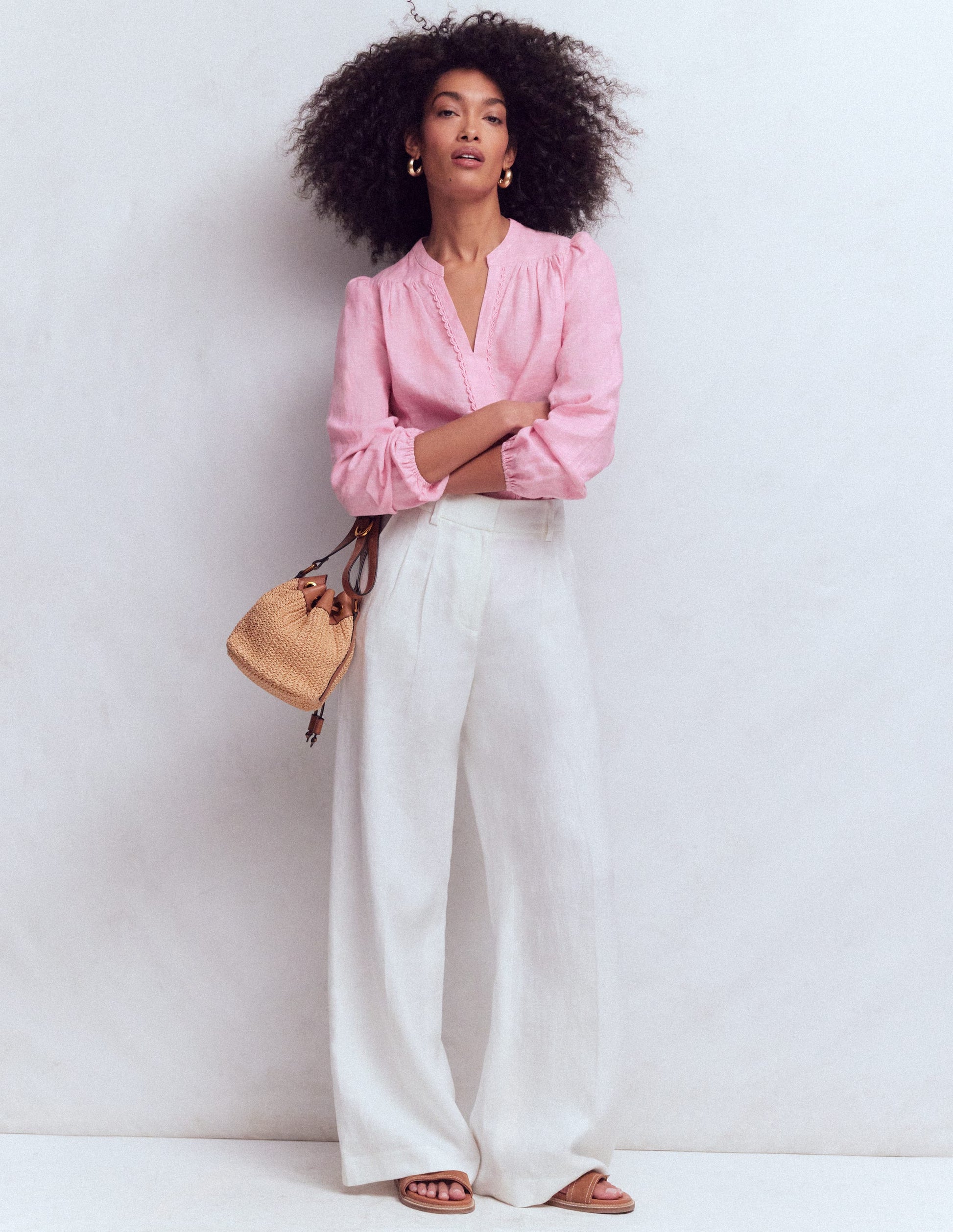 Notch Neck Linen Trim Top-Meadowsweet Chambray-4