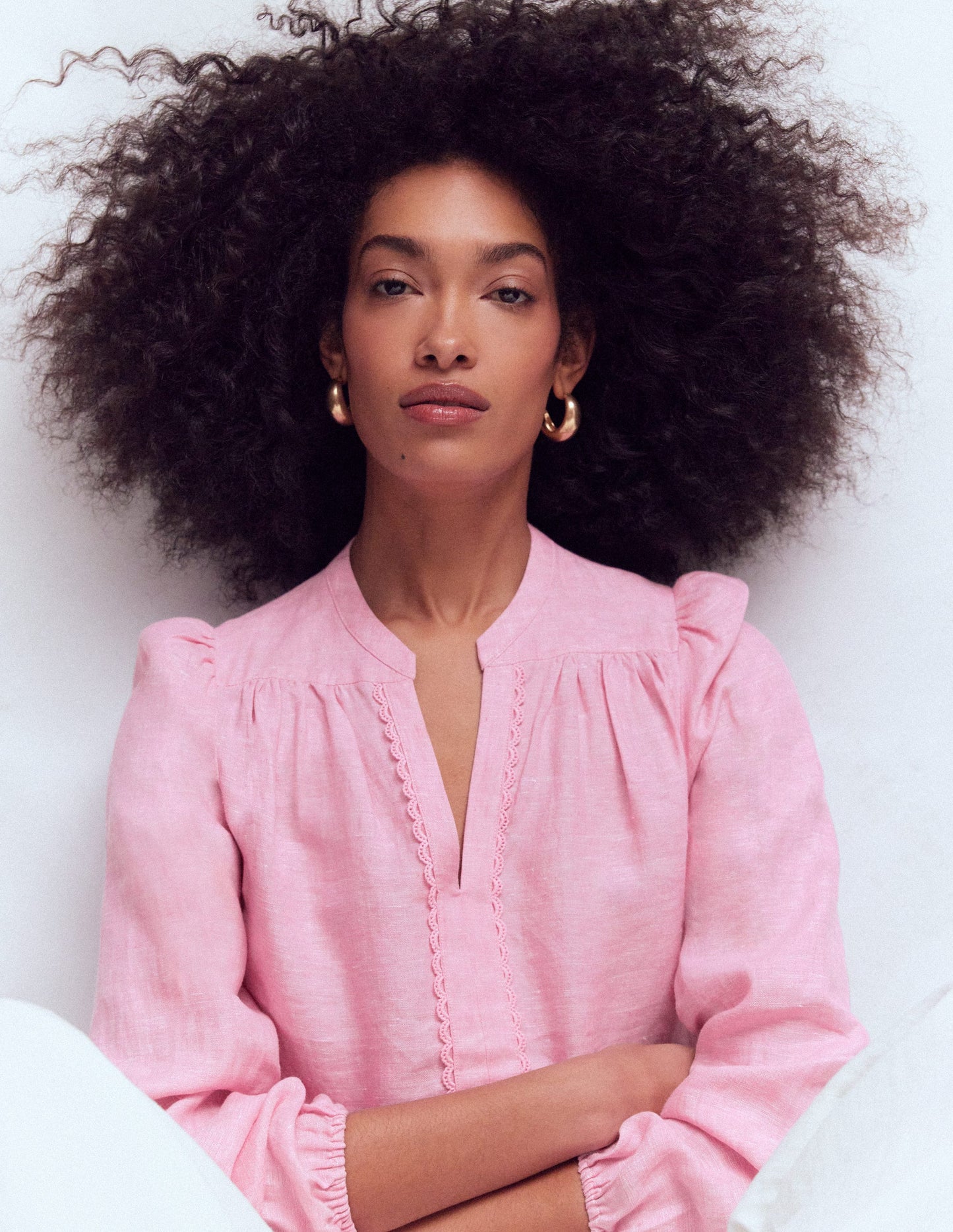 Notch Neck Linen Trim Top-Meadowsweet Chambray