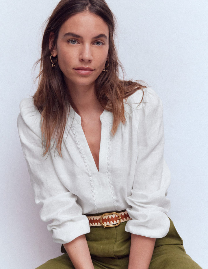 Notch Neck Linen Trim Top-White