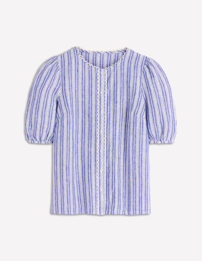 Leah Short Sleeve Linen Top-Bright blue Stripe-7