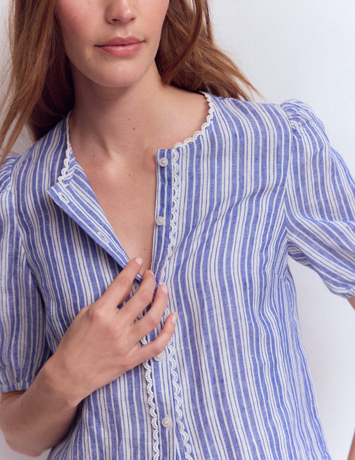 Leah Short Sleeve Linen Top-Bright blue Stripe