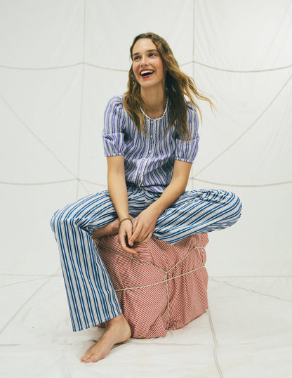 Leah Short Sleeve Linen Top-Bright blue Stripe-1