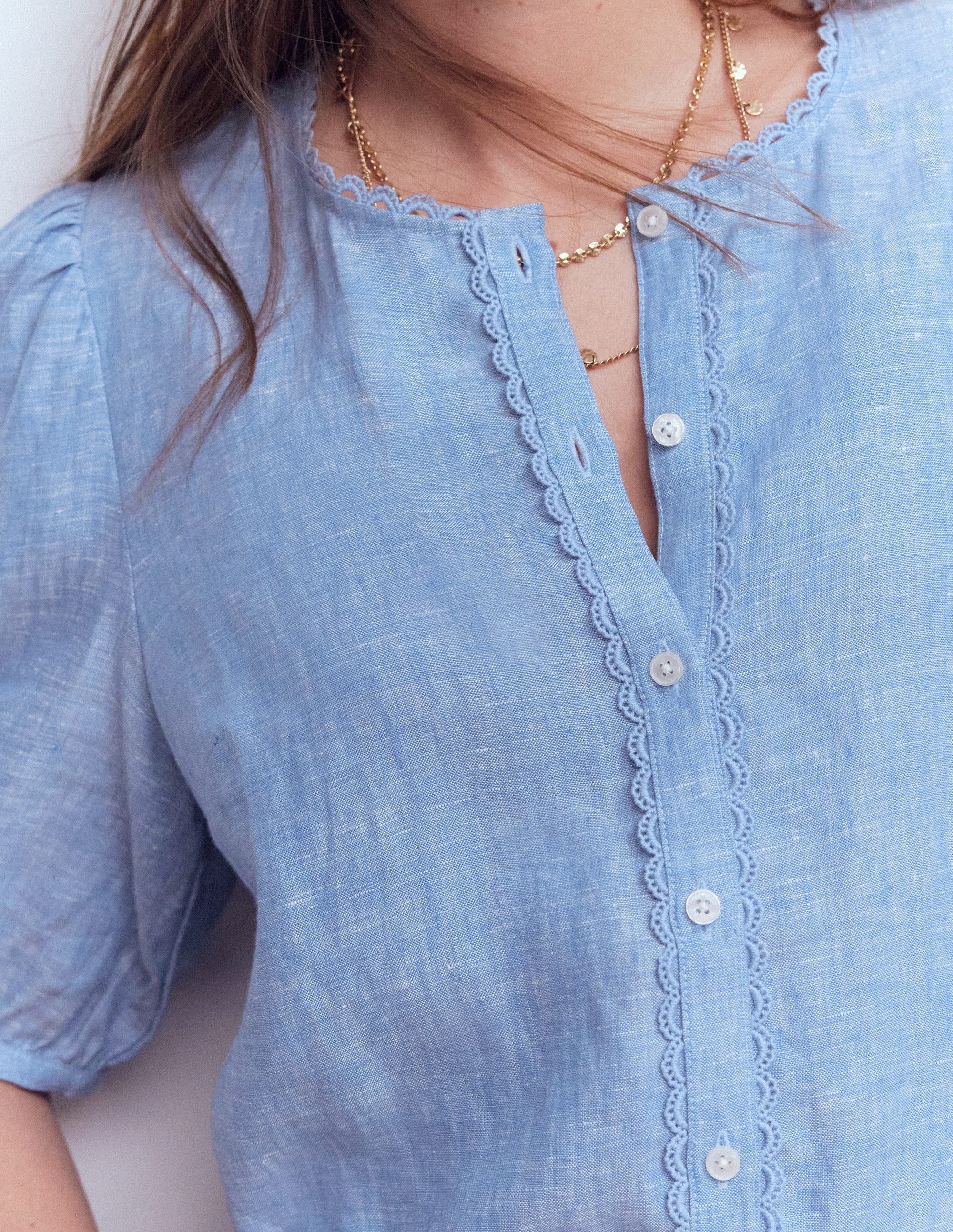 カットソー(半袖+袖なし) BED&amp;B  LINEN CHAMBRAY HALFSLEEVE TOPS Linen Chambray Open Collar Shirt in Navy – Blue Owl Workshop